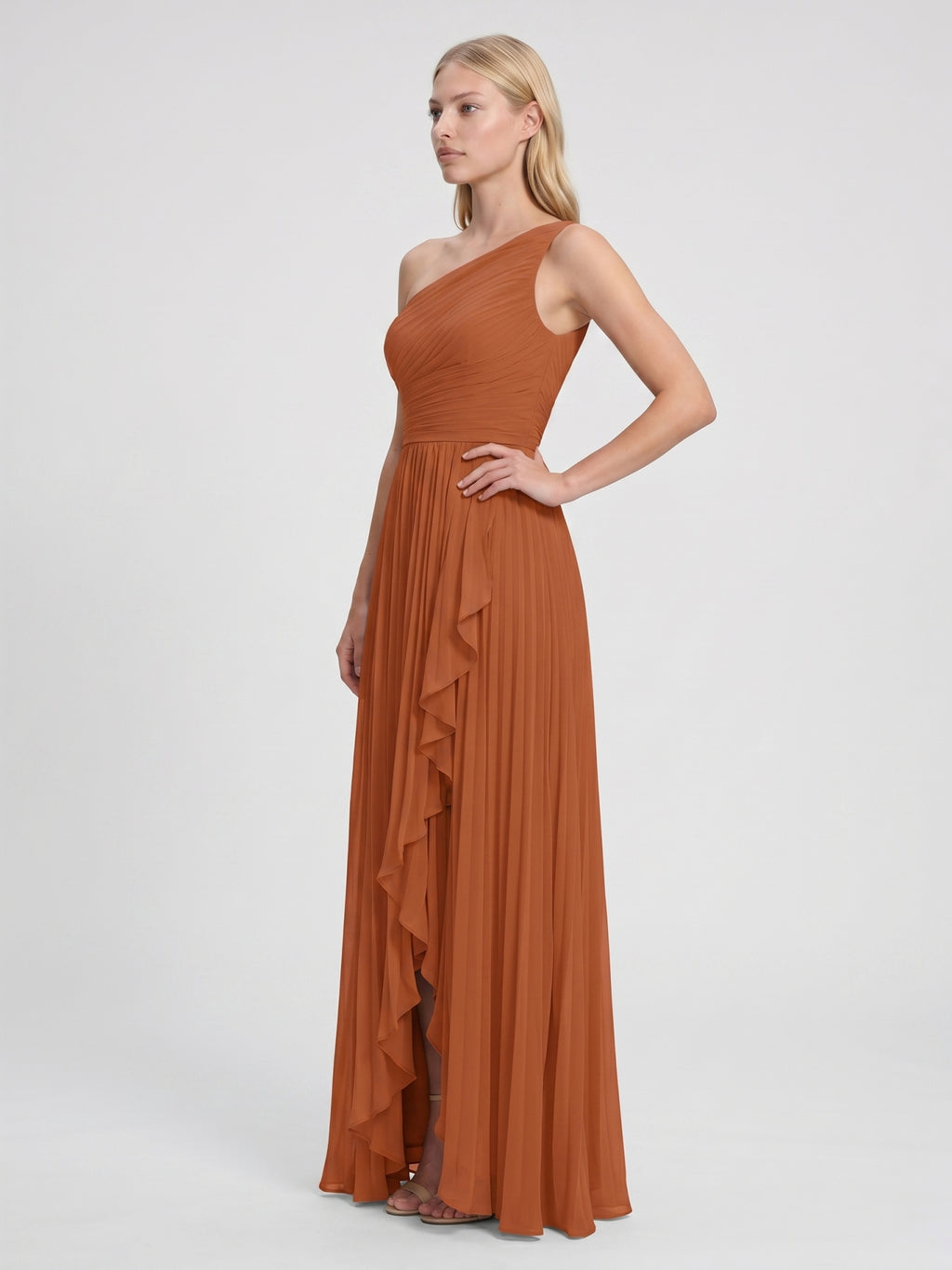 Cinnamon Chiffon A-Line One Shoulder Side Zip Asymmetrical Bridesmaid Dress with Pleats