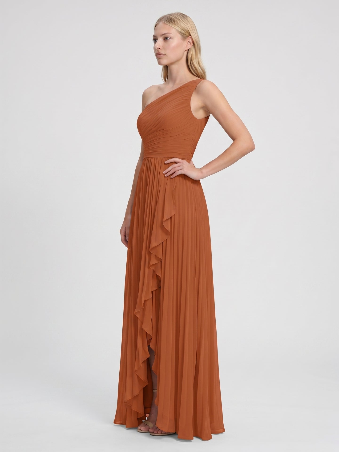 Cinnamon Chiffon A-Line One Shoulder Side Zip Asymmetrical Bridesmaid Dress with Pleats