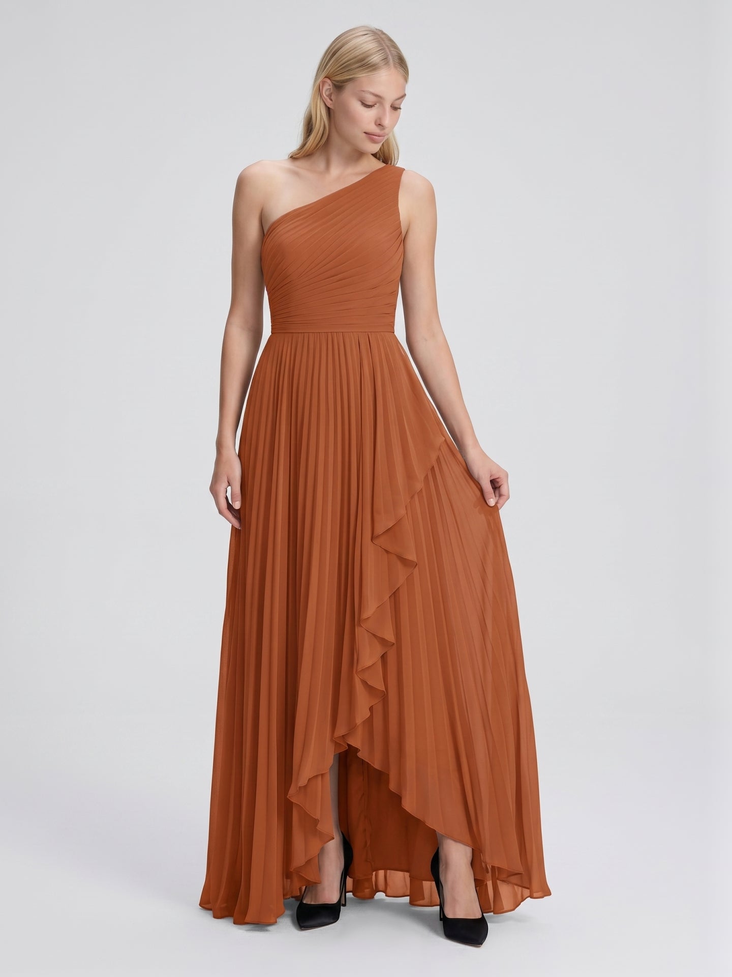 Cinnamon Chiffon A-Line One Shoulder Side Zip Asymmetrical Bridesmaid Dress with Pleats