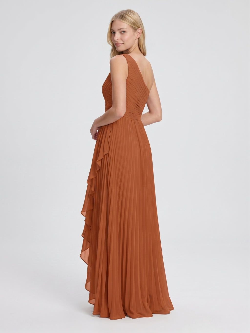 Cinnamon Chiffon A-Line One Shoulder Side Zip Asymmetrical Bridesmaid Dress with Pleats