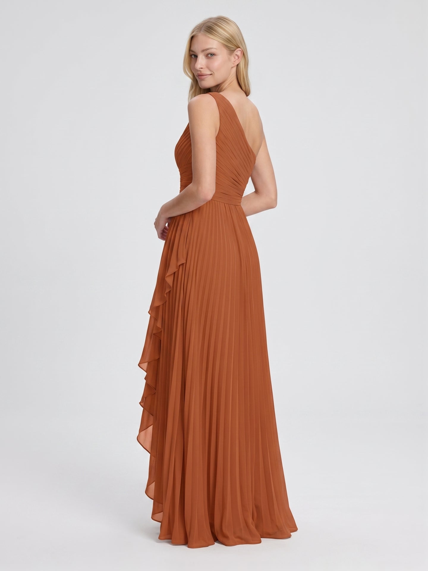 Cinnamon Chiffon A-Line One Shoulder Side Zip Asymmetrical Bridesmaid Dress with Pleats