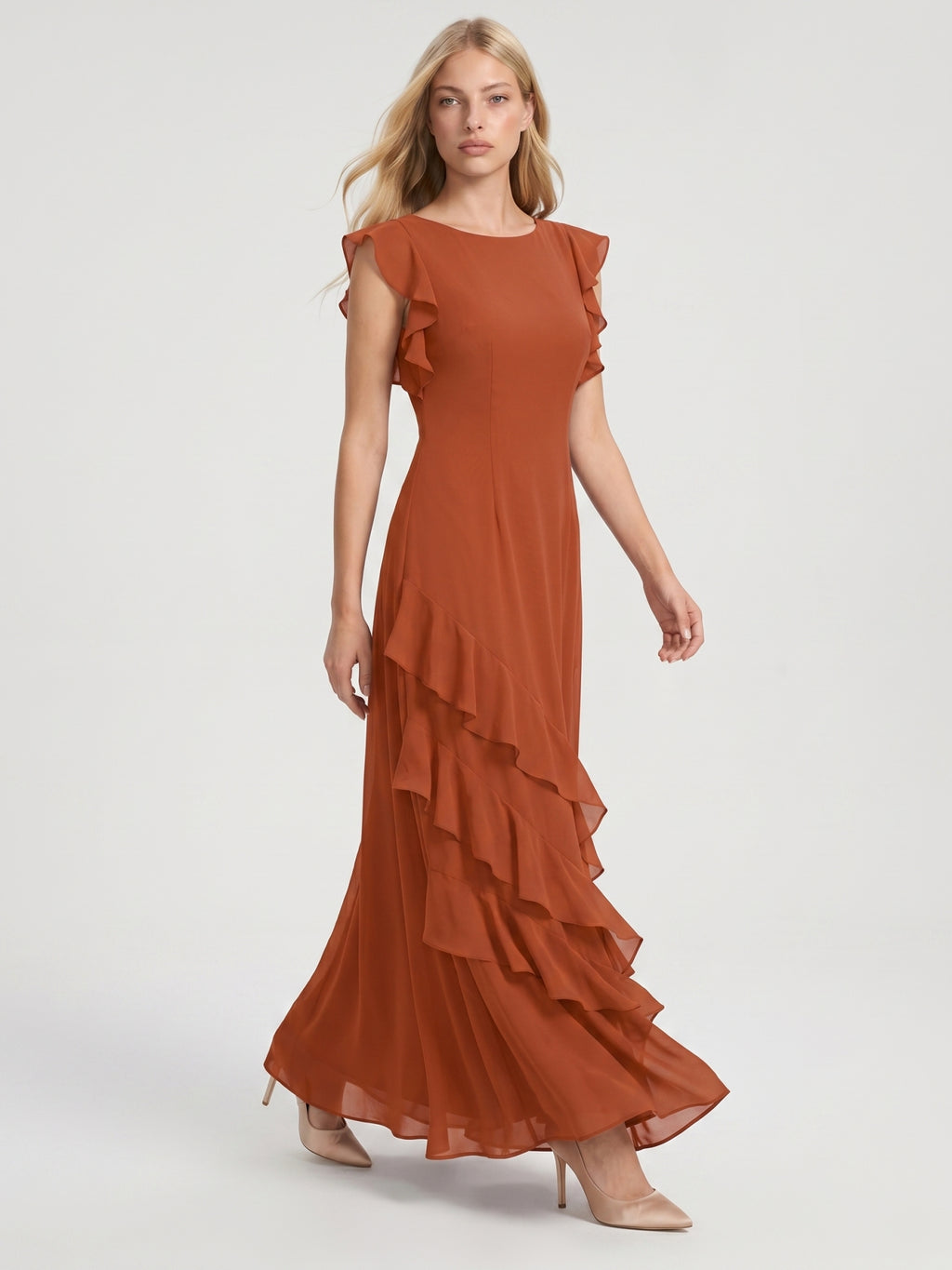 Cinnamon Chiffon A-Line Scoop Neck Back Zip Floor-Length Bridesmaid Dress with Cascading Ruffles