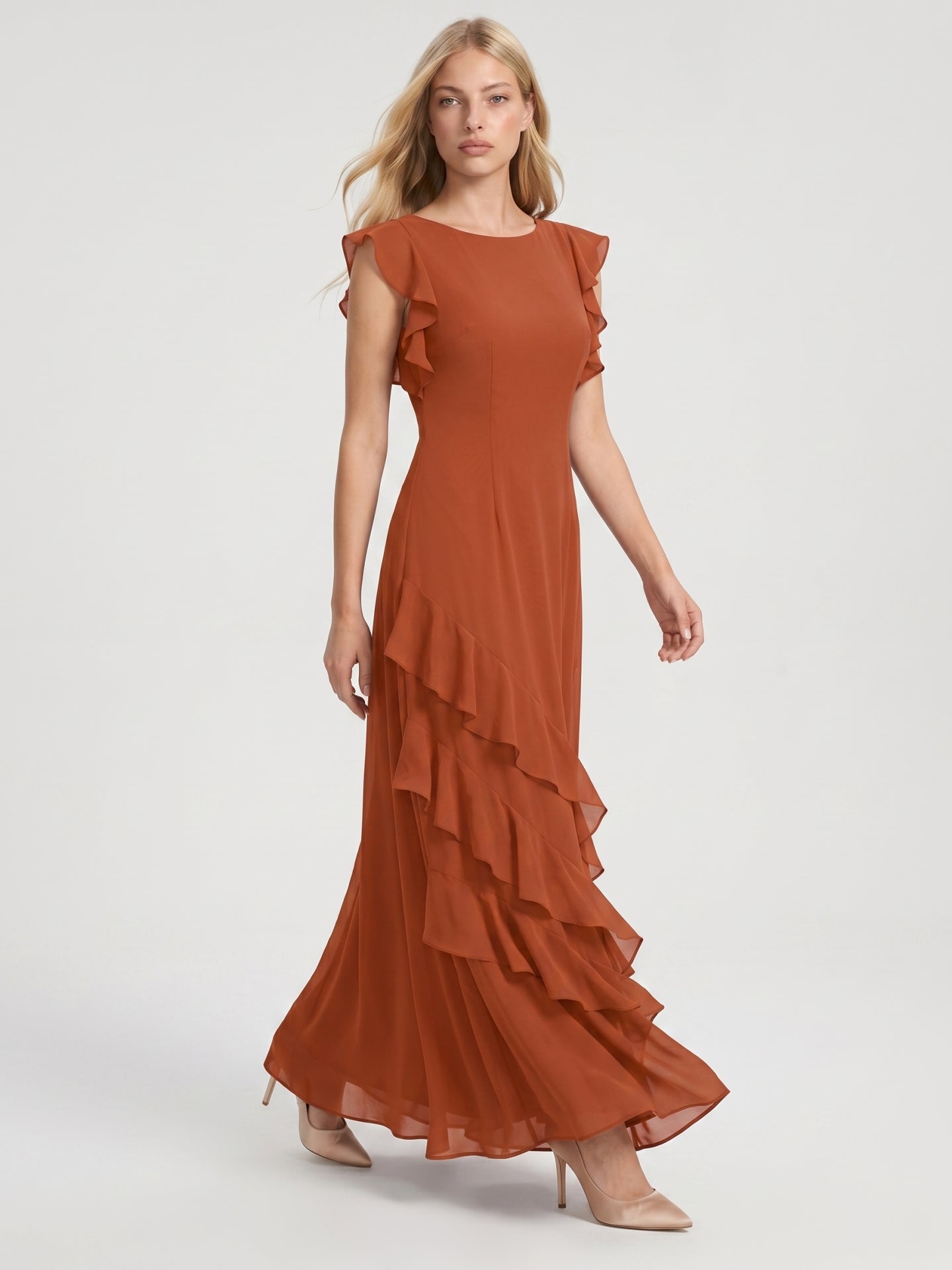 Cinnamon Chiffon A-Line Scoop Neck Back Zip Floor-Length Bridesmaid Dress with Cascading Ruffles