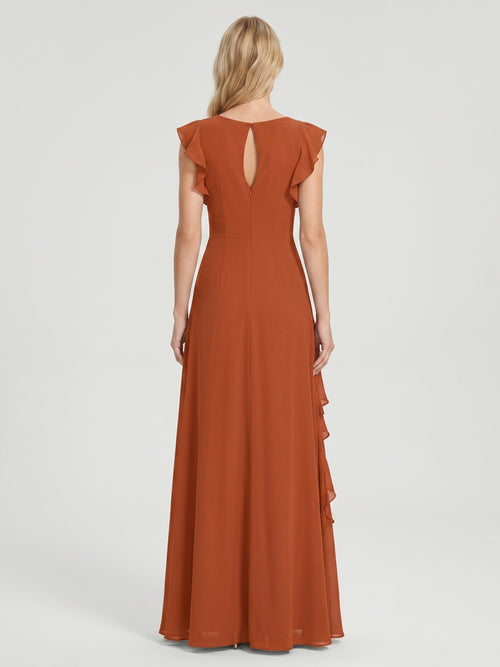 Cinnamon Chiffon A-Line Scoop Neck Back Zip Floor-Length Bridesmaid Dress with Cascading Ruffles