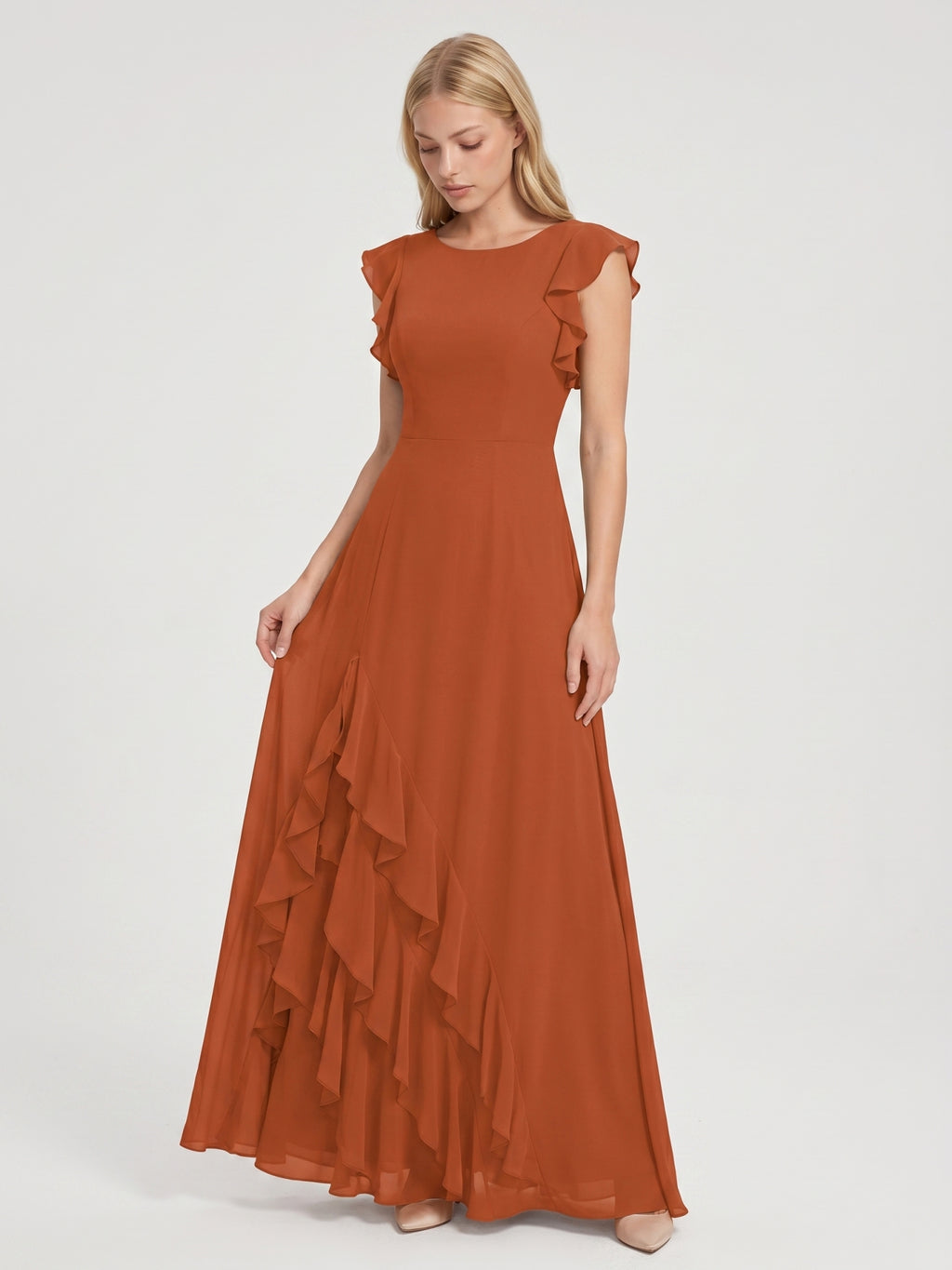 Cinnamon Chiffon A-Line Scoop Neck Back Zip Floor-Length Bridesmaid Dress with Cascading Ruffles