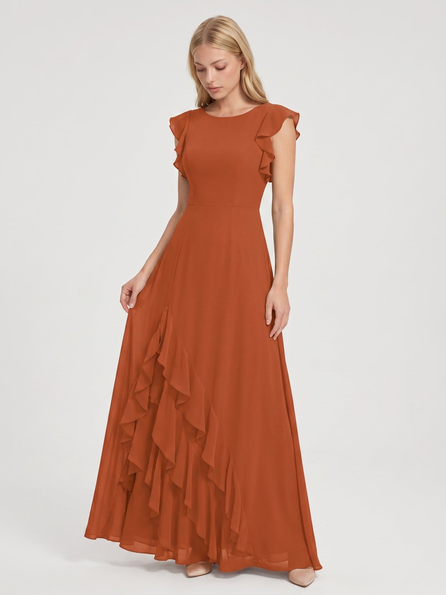 Cinnamon Chiffon A-Line Scoop Neck Back Zip Floor-Length Bridesmaid Dress with Cascading Ruffles