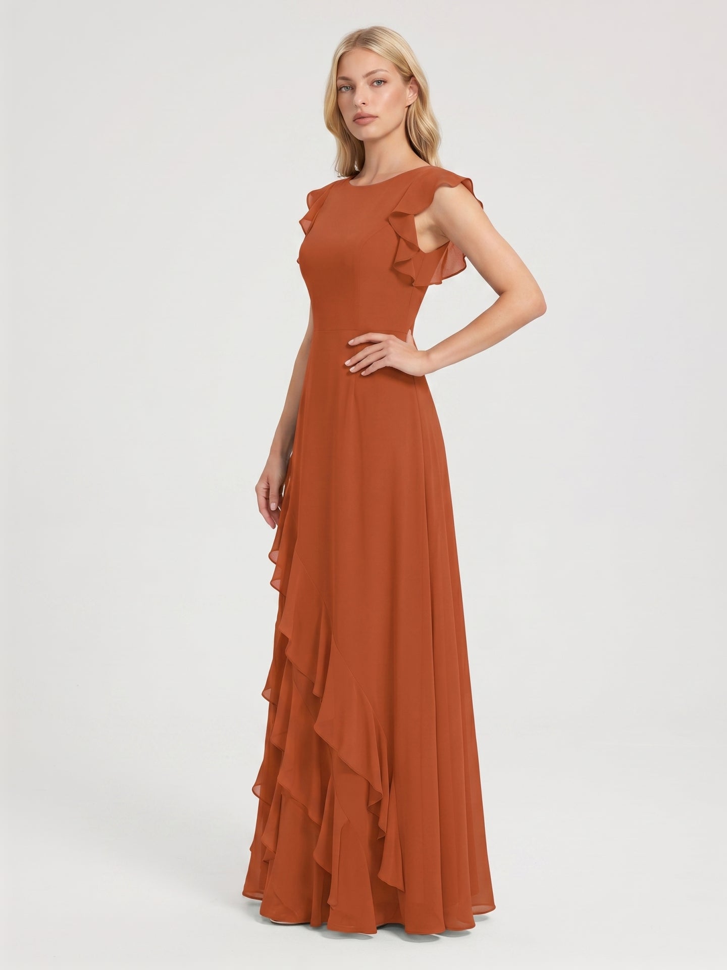 Cinnamon Chiffon A-Line Scoop Neck Back Zip Floor-Length Bridesmaid Dress with Cascading Ruffles