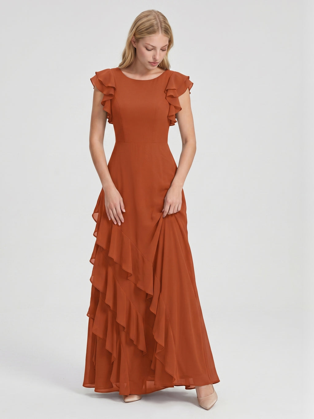 Cinnamon Chiffon A-Line Scoop Neck Back Zip Floor-Length Bridesmaid Dress with Cascading Ruffles
