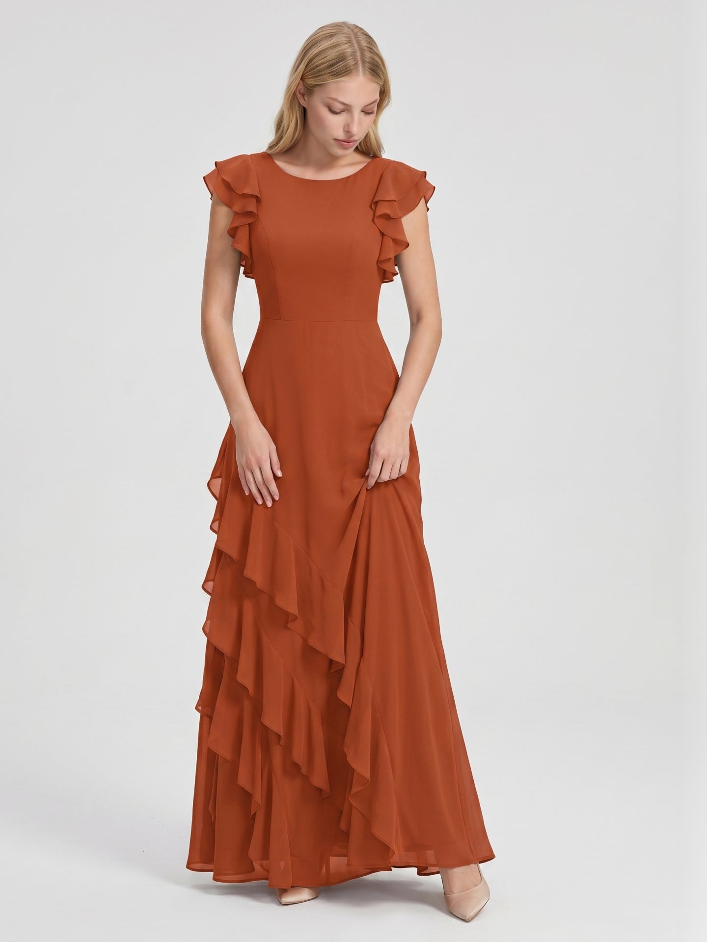 Cinnamon Chiffon A-Line Scoop Neck Back Zip Floor-Length Bridesmaid Dress with Cascading Ruffles