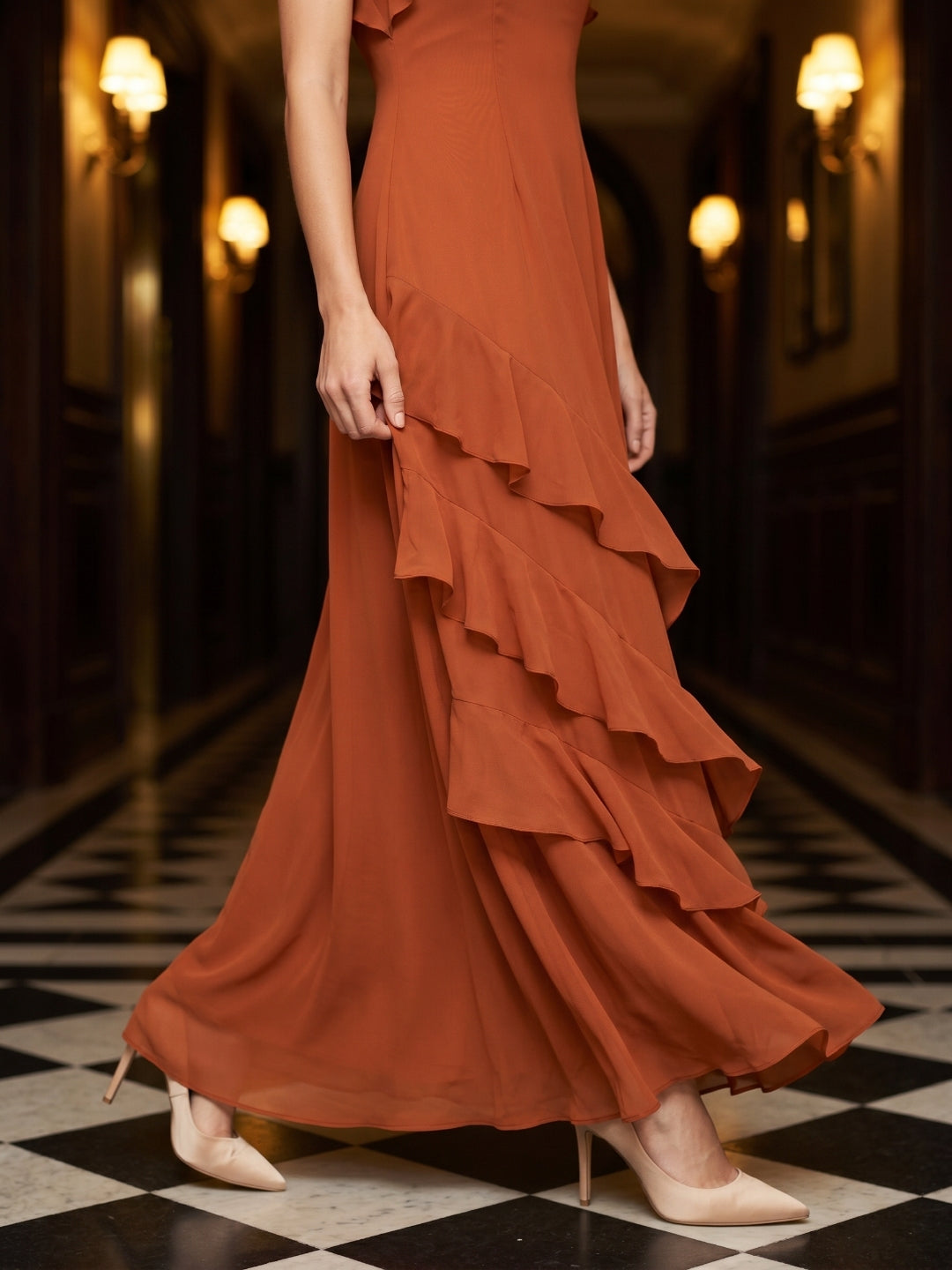 Cinnamon Chiffon A-Line Scoop Neck Back Zip Floor-Length Bridesmaid Dress with Cascading Ruffles