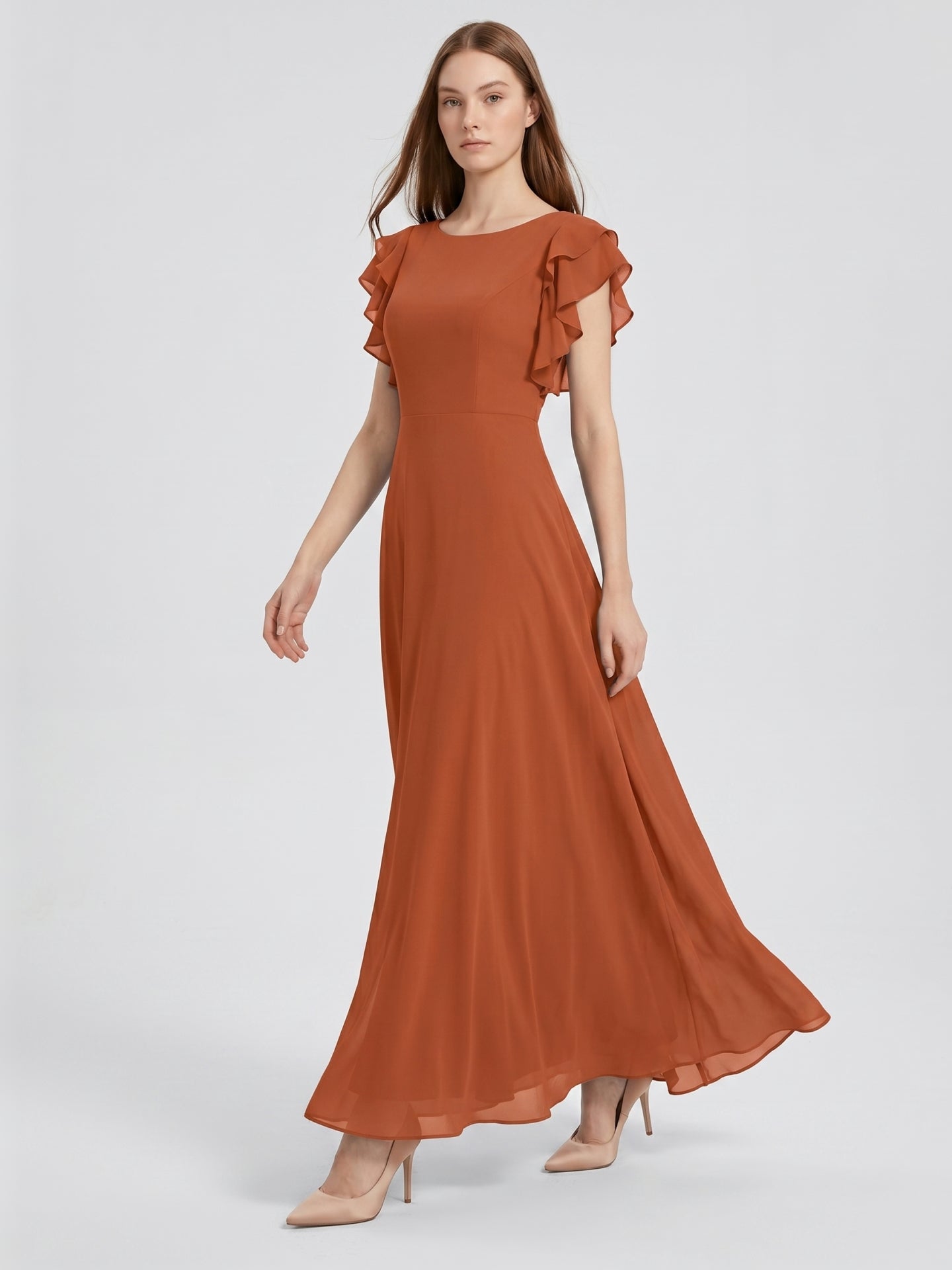 Cinnamon Chiffon A-Line Scoop Neck Back Zip Floor-Length Bridesmaid Dress with Ruffles