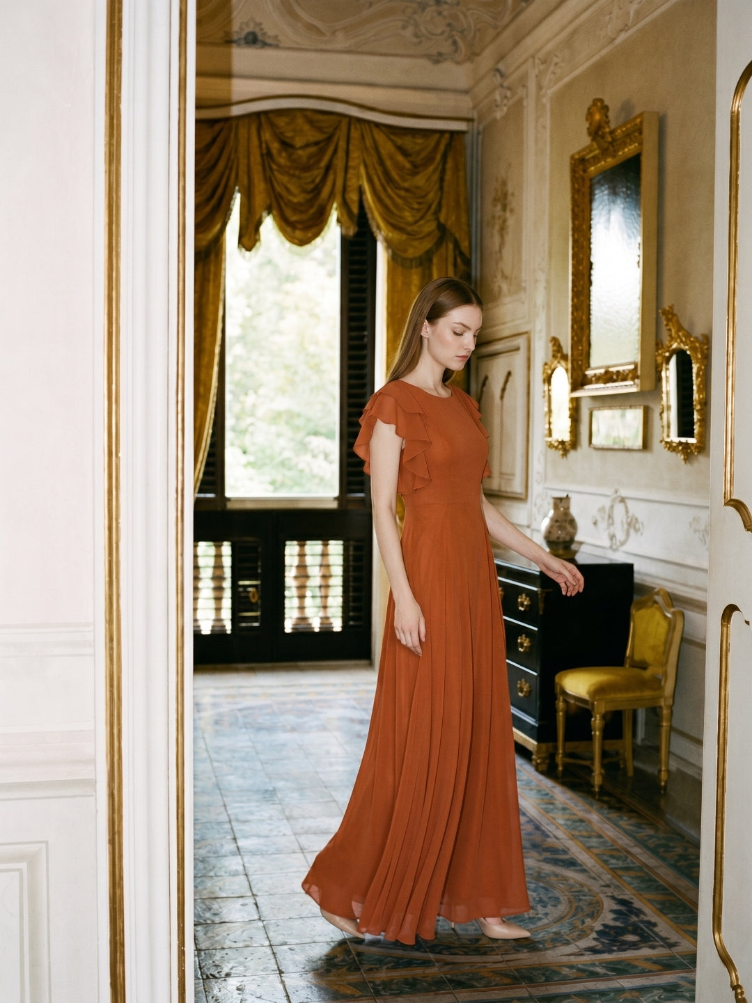Cinnamon Chiffon A-Line Scoop Neck Back Zip Floor-Length Bridesmaid Dress with Ruffles