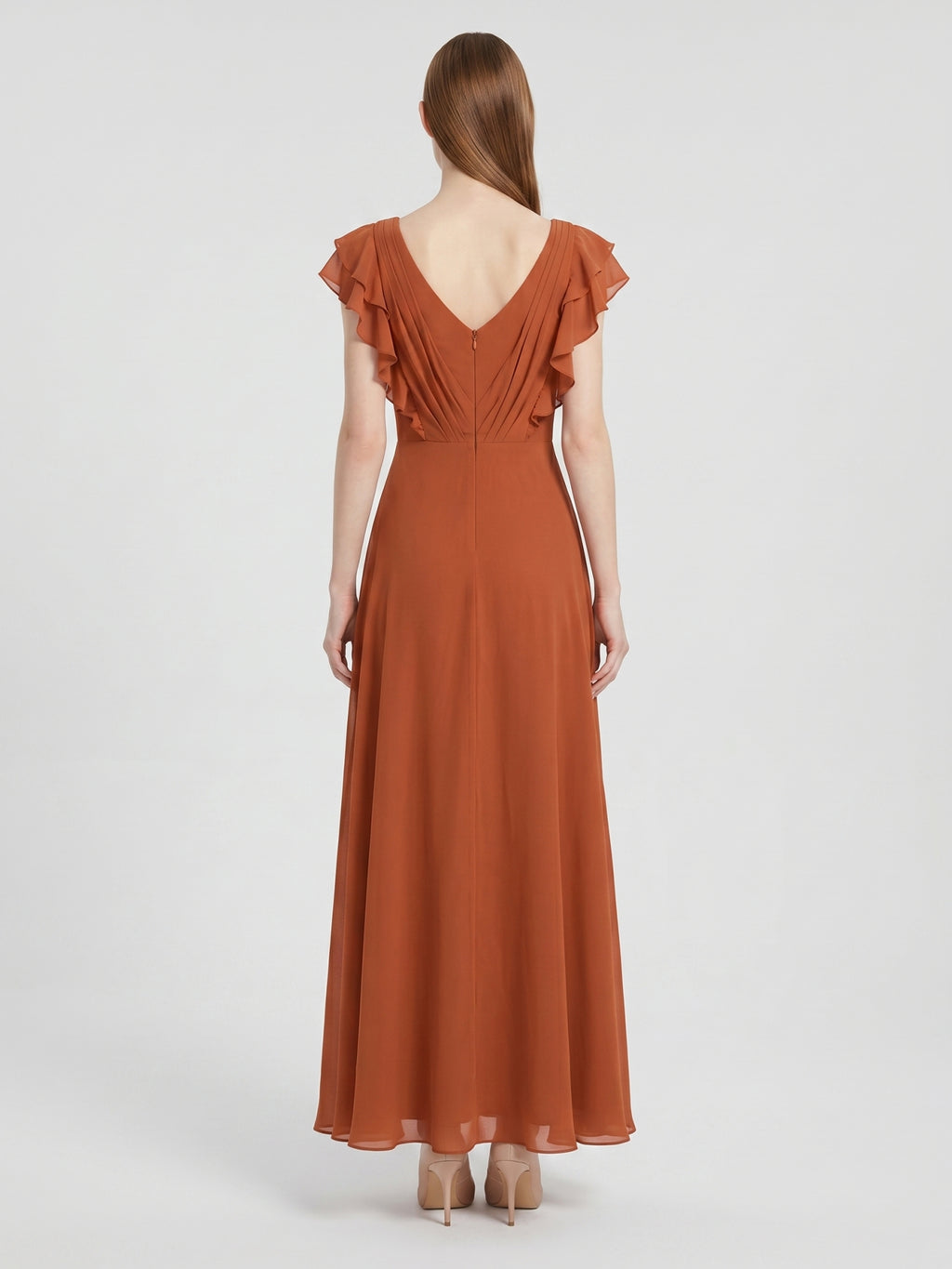 Cinnamon Chiffon A-Line Scoop Neck Back Zip Floor-Length Bridesmaid Dress with Ruffles