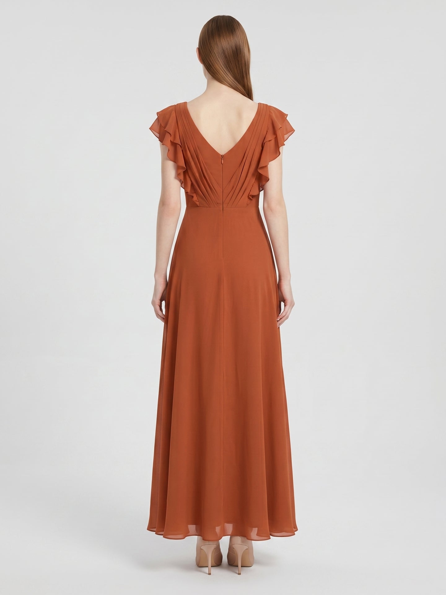 Cinnamon Chiffon A-Line Scoop Neck Back Zip Floor-Length Bridesmaid Dress with Ruffles