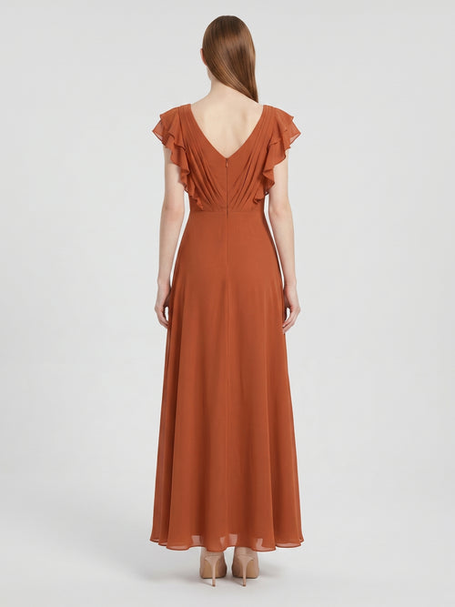 Cinnamon Chiffon A-Line Scoop Neck Back Zip Floor-Length Bridesmaid Dress with Ruffles