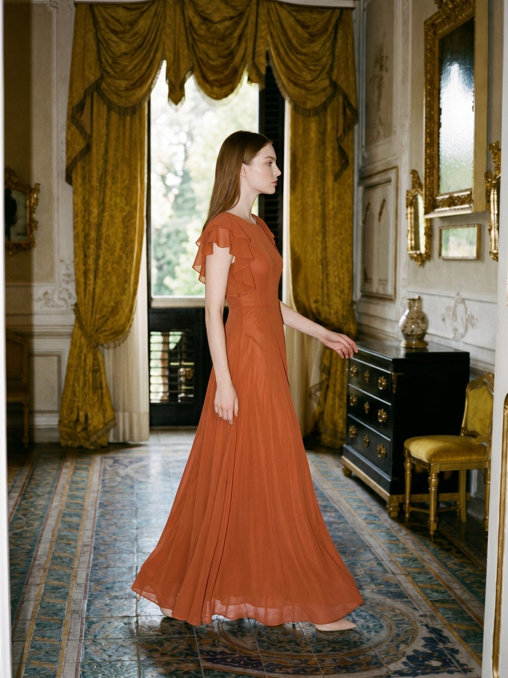 Cinnamon Chiffon A-Line Scoop Neck Back Zip Floor-Length Bridesmaid Dress with Ruffles