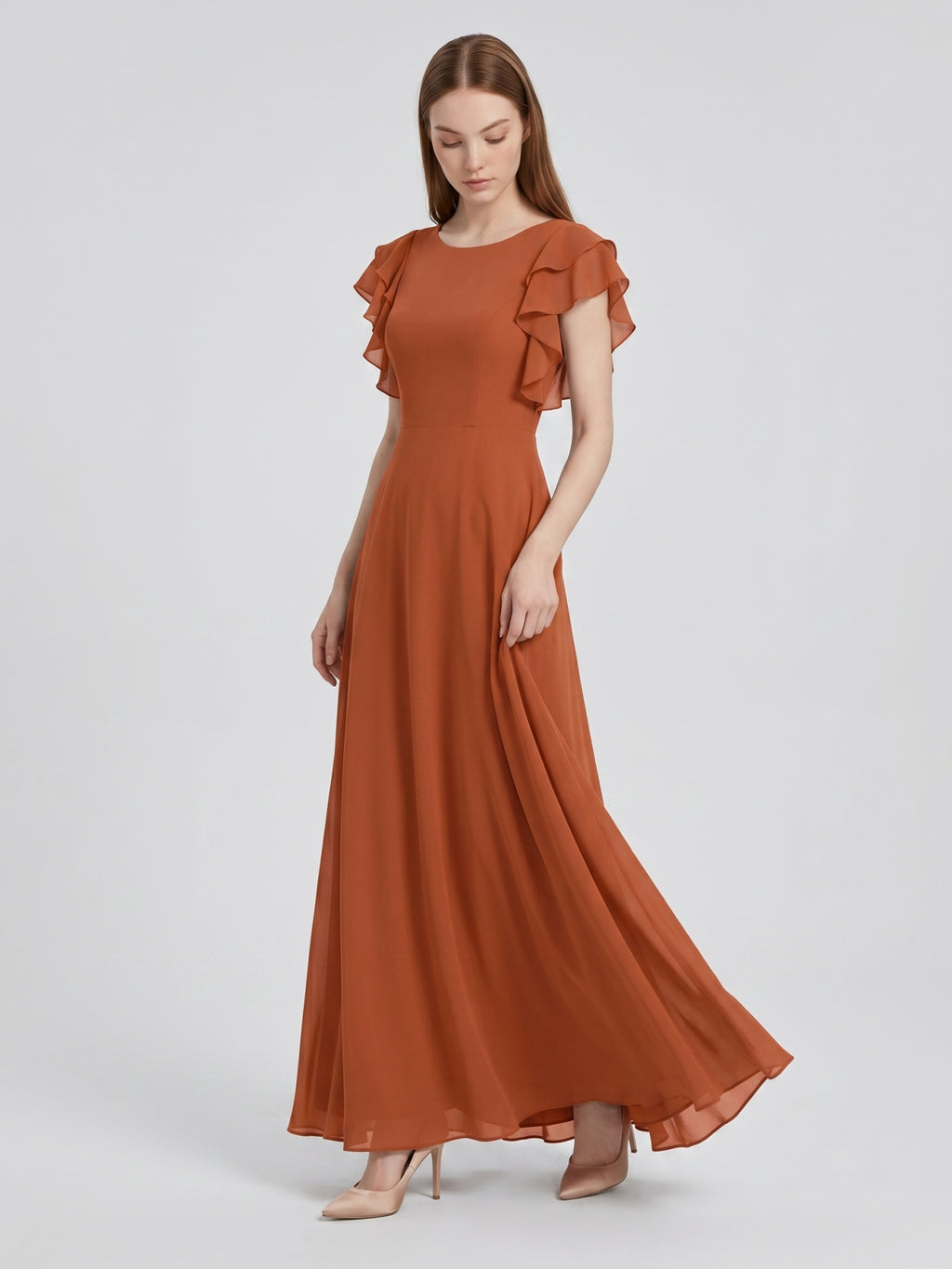 Cinnamon Chiffon A-Line Scoop Neck Back Zip Floor-Length Bridesmaid Dress with Ruffles