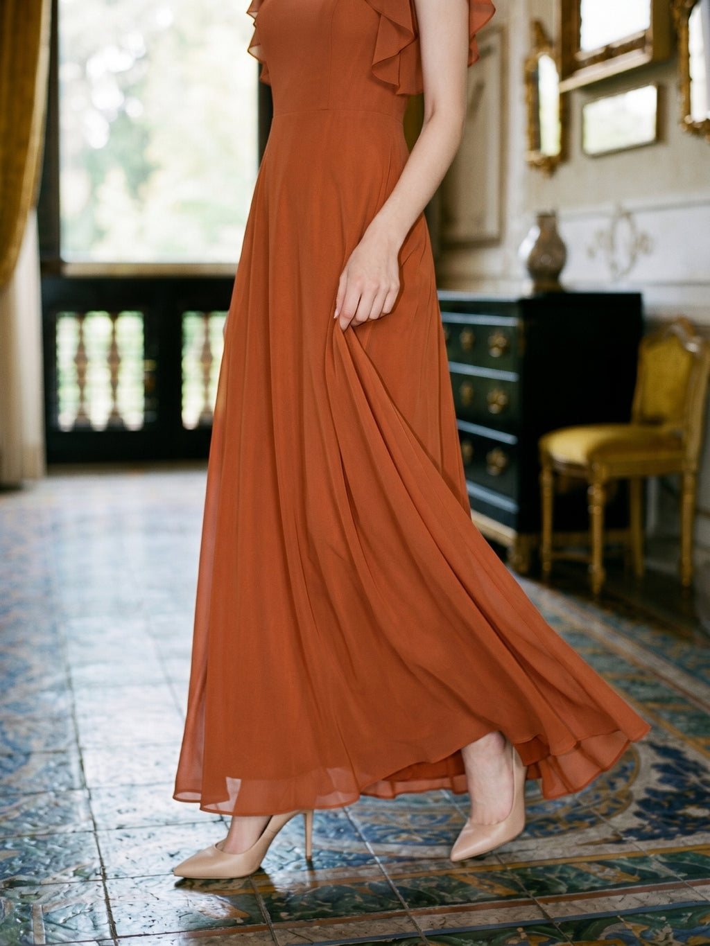 Cinnamon Chiffon A-Line Scoop Neck Back Zip Floor-Length Bridesmaid Dress with Ruffles
