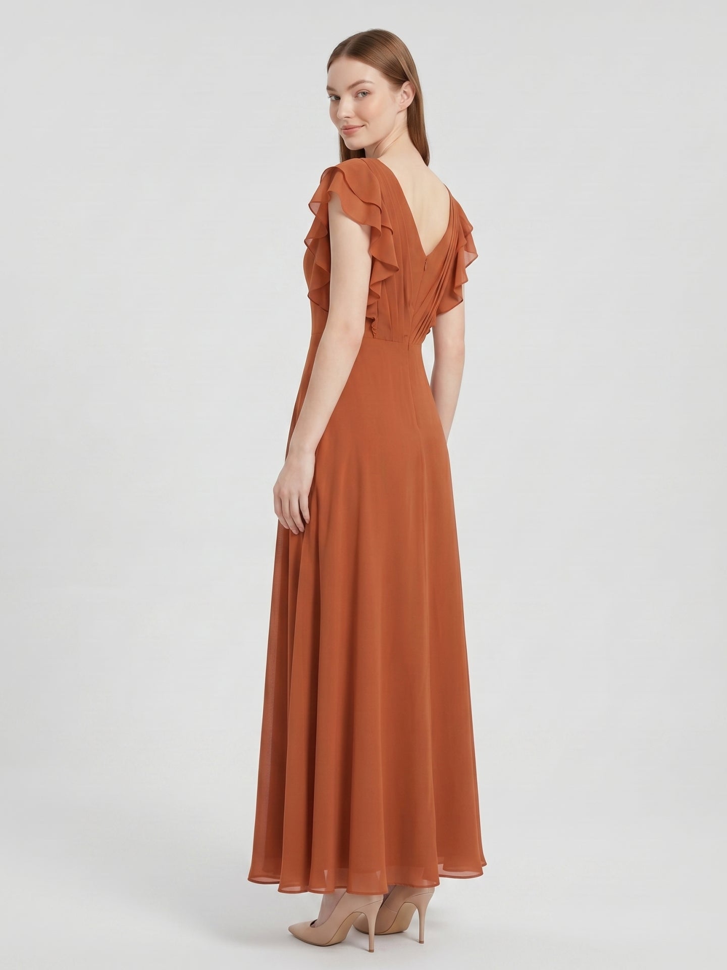 Cinnamon Chiffon A-Line Scoop Neck Back Zip Floor-Length Bridesmaid Dress with Ruffles
