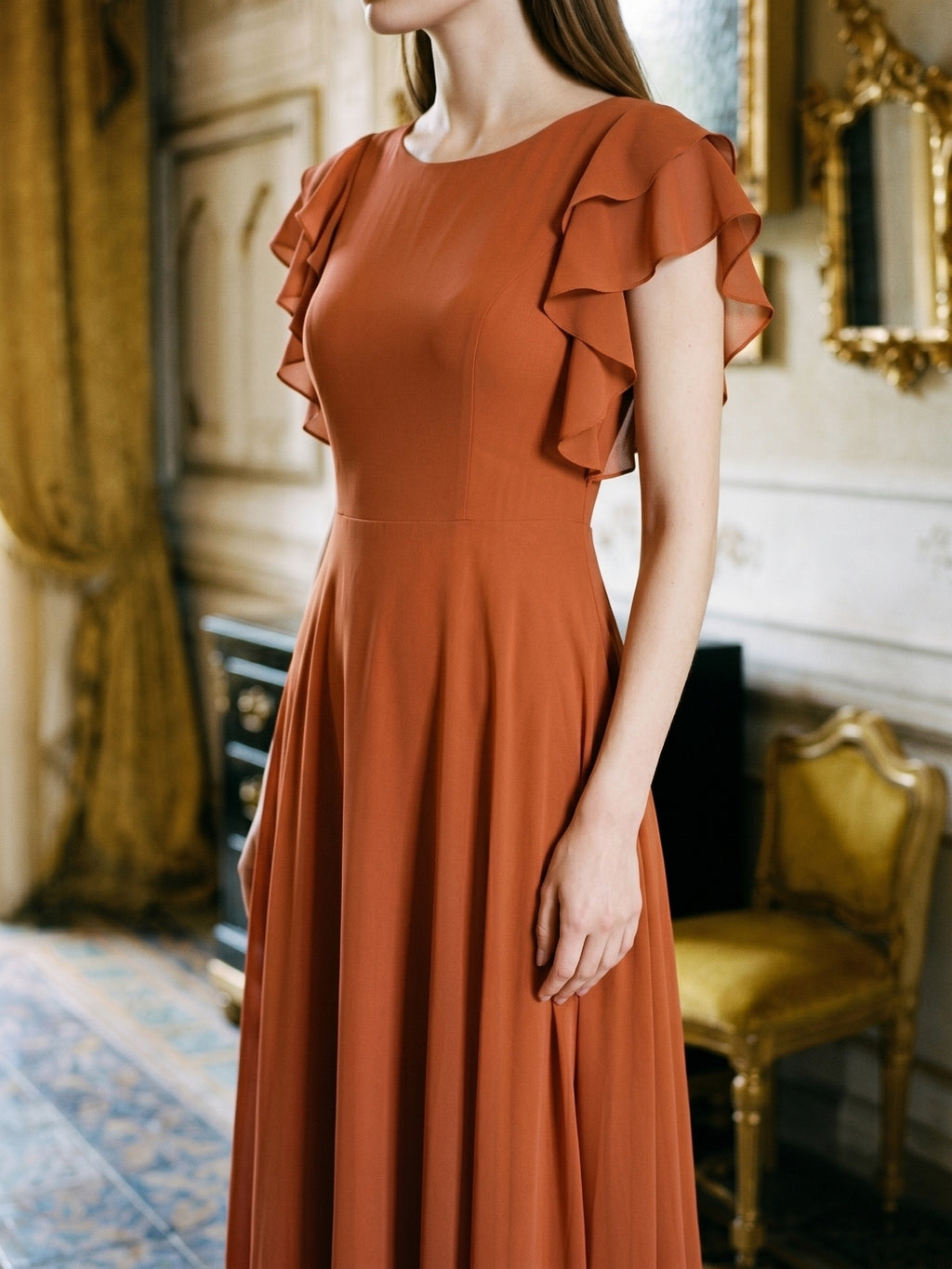 Cinnamon Chiffon A-Line Scoop Neck Back Zip Floor-Length Bridesmaid Dress with Ruffles