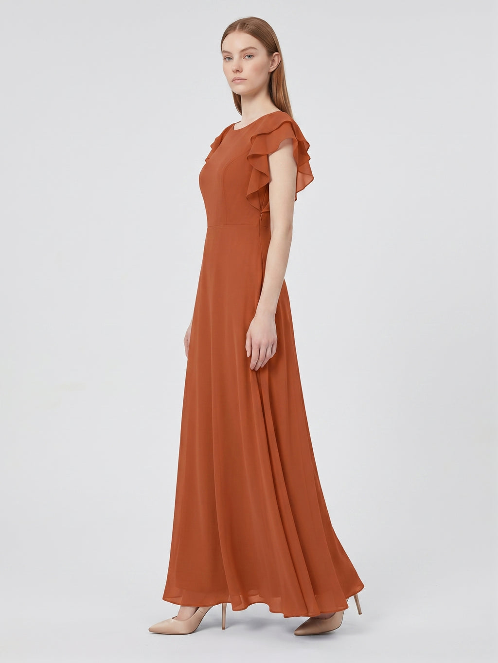 Cinnamon Chiffon A-Line Scoop Neck Back Zip Floor-Length Bridesmaid Dress with Ruffles
