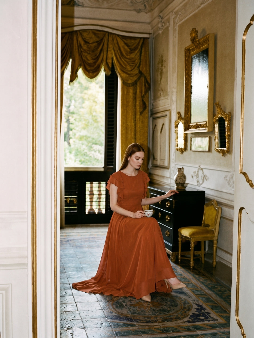 Cinnamon Chiffon A-Line Scoop Neck Back Zip Floor-Length Bridesmaid Dress with Ruffles