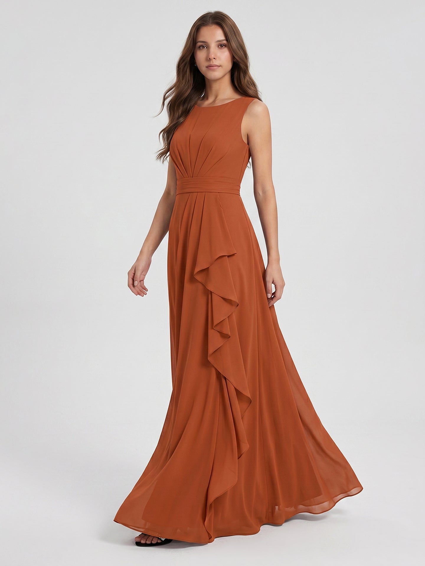 Cinnamon Chiffon A-Line Scoop Neck Floor-Length Bridesmaid Dress with Ruffled Details