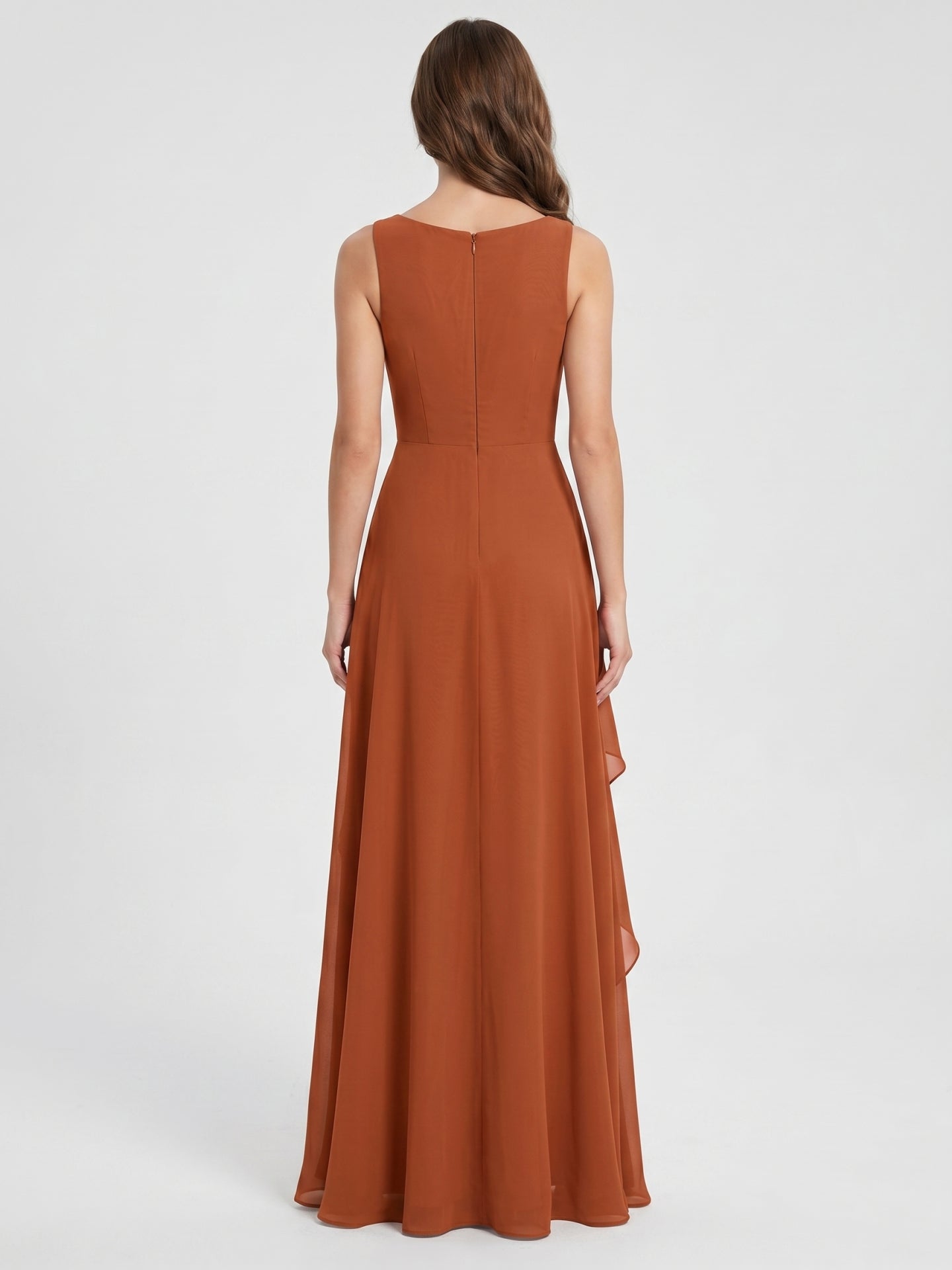 Cinnamon Chiffon A-Line Scoop Neck Floor-Length Bridesmaid Dress with Ruffled Details