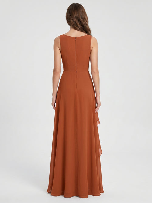 Cinnamon Chiffon A-Line Scoop Neck Floor-Length Bridesmaid Dress with Ruffled Details