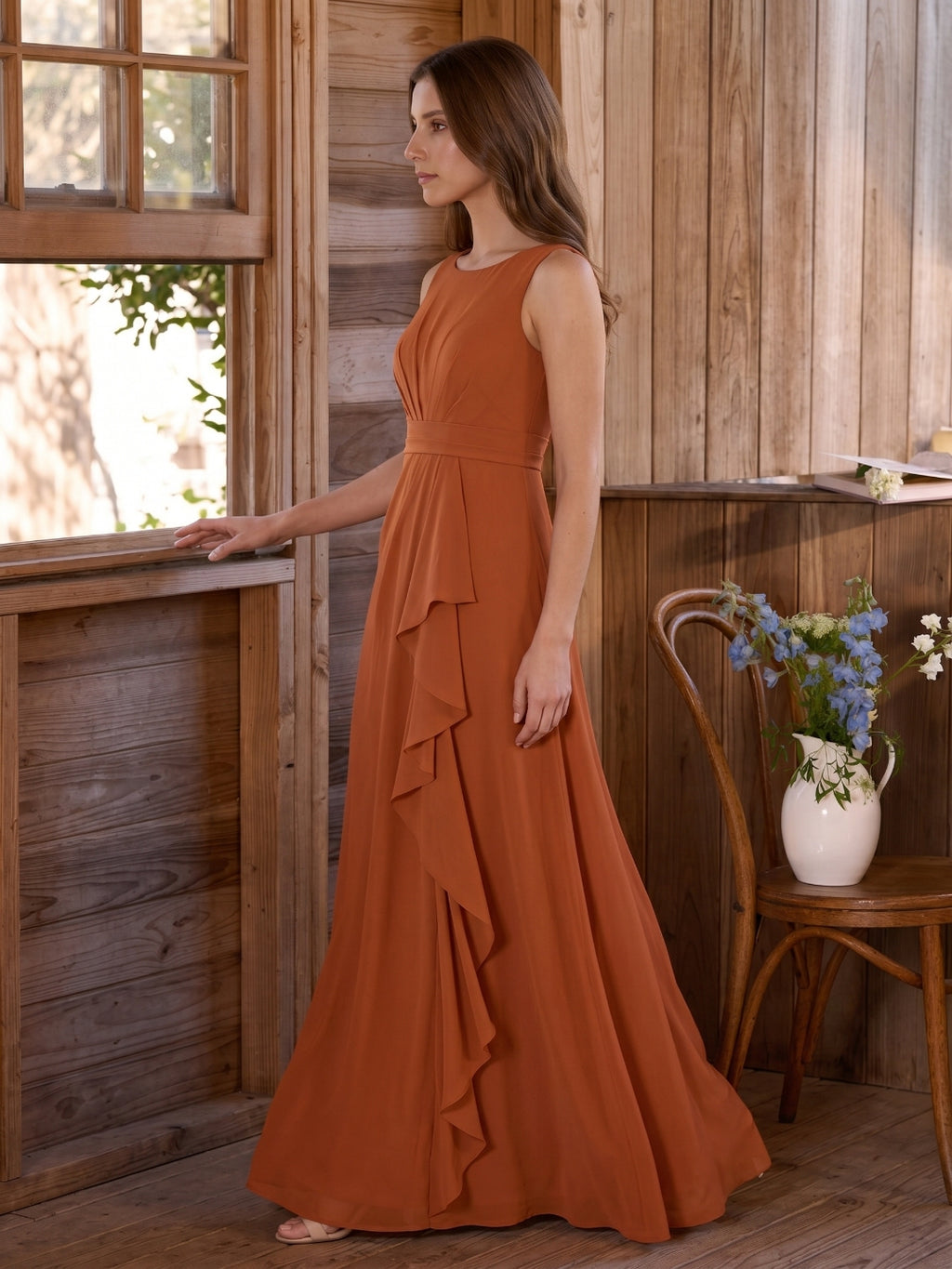 Cinnamon Chiffon A-Line Scoop Neck Floor-Length Bridesmaid Dress with Ruffled Details