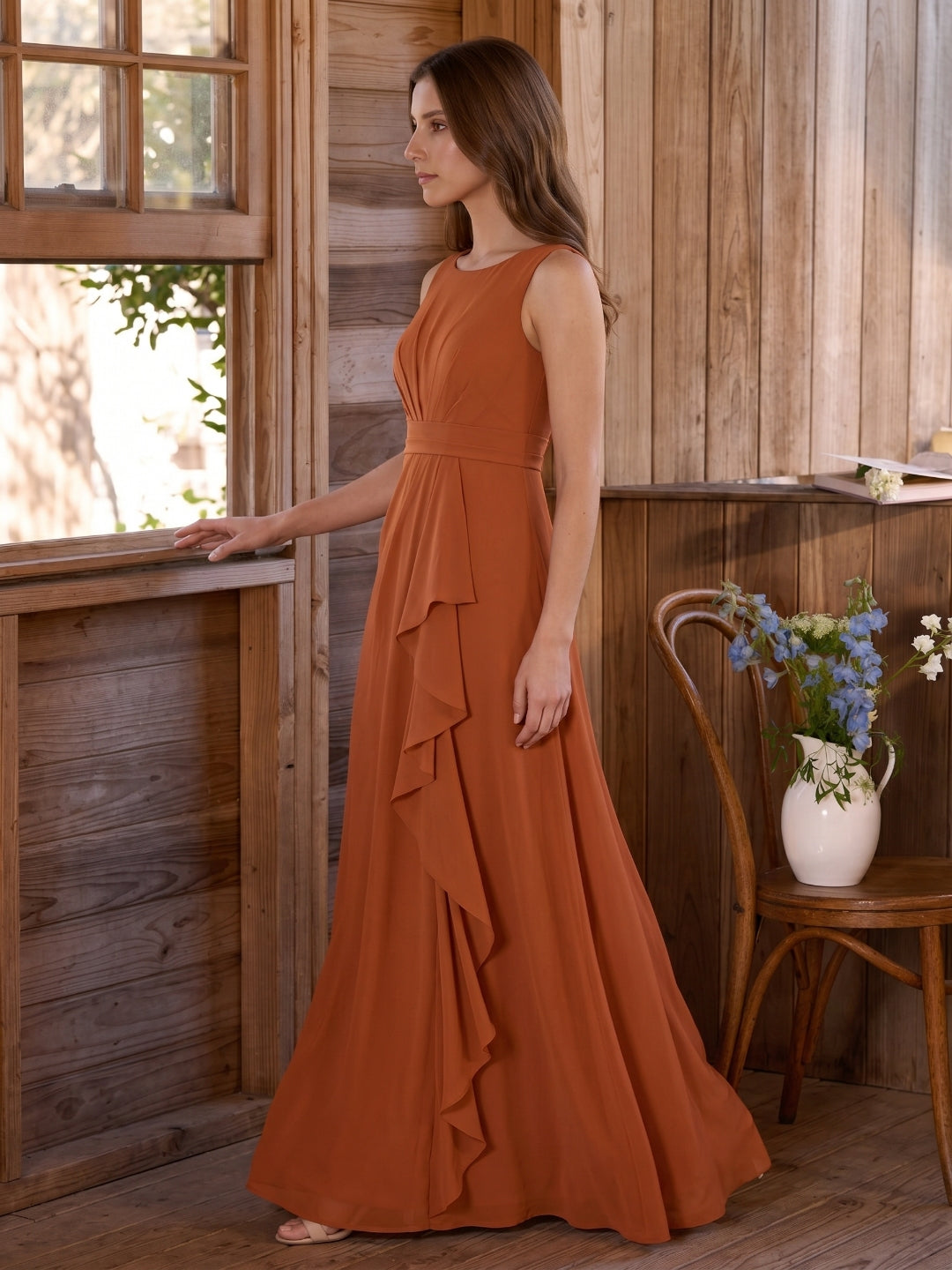 Cinnamon Chiffon A-Line Scoop Neck Floor-Length Bridesmaid Dress with Ruffled Details