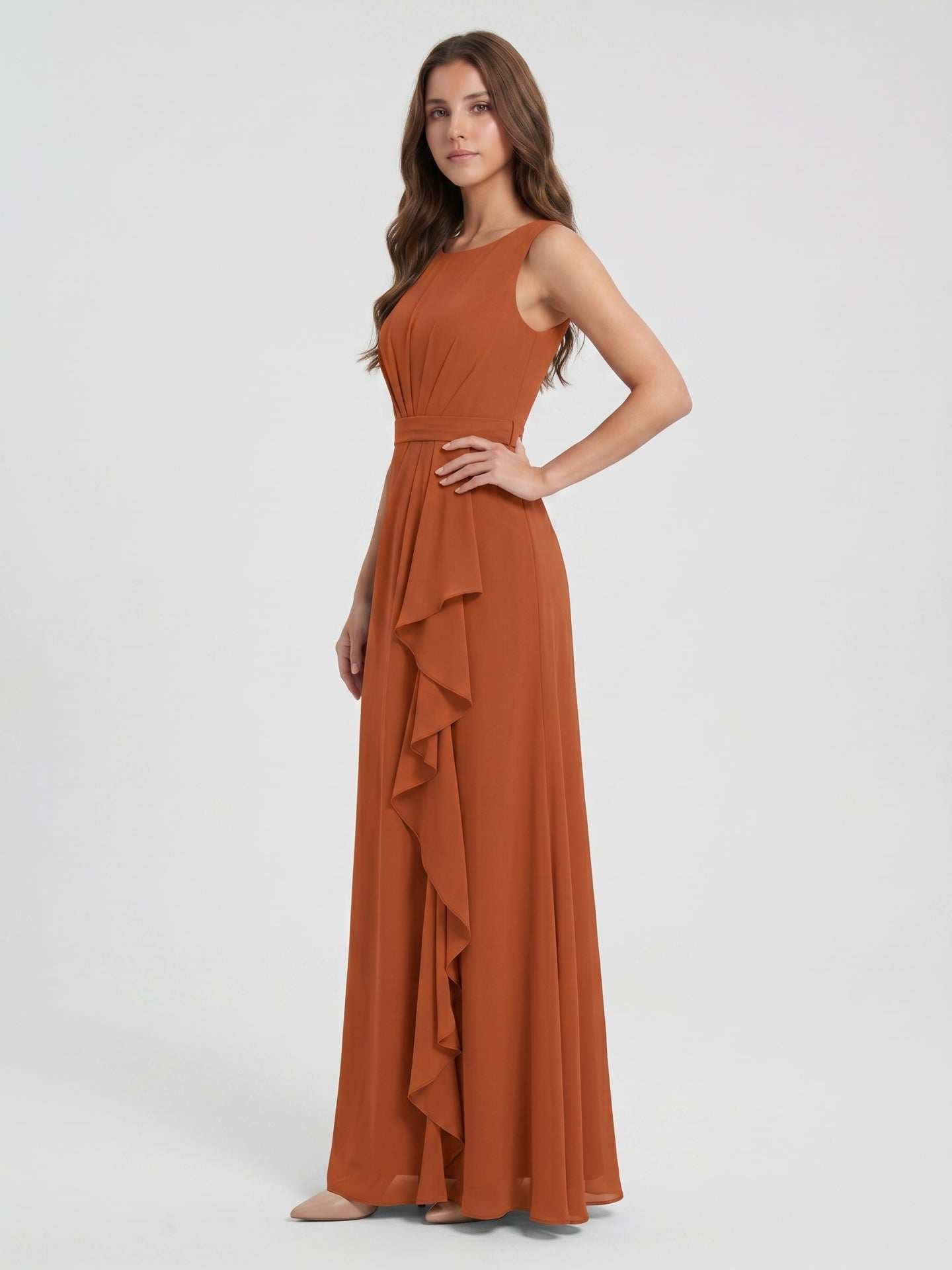 Cinnamon Chiffon A-Line Scoop Neck Floor-Length Bridesmaid Dress with Ruffled Details