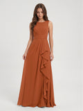 Cinnamon Chiffon A-Line Scoop Neck Floor-Length Bridesmaid Dress with Ruffled Details