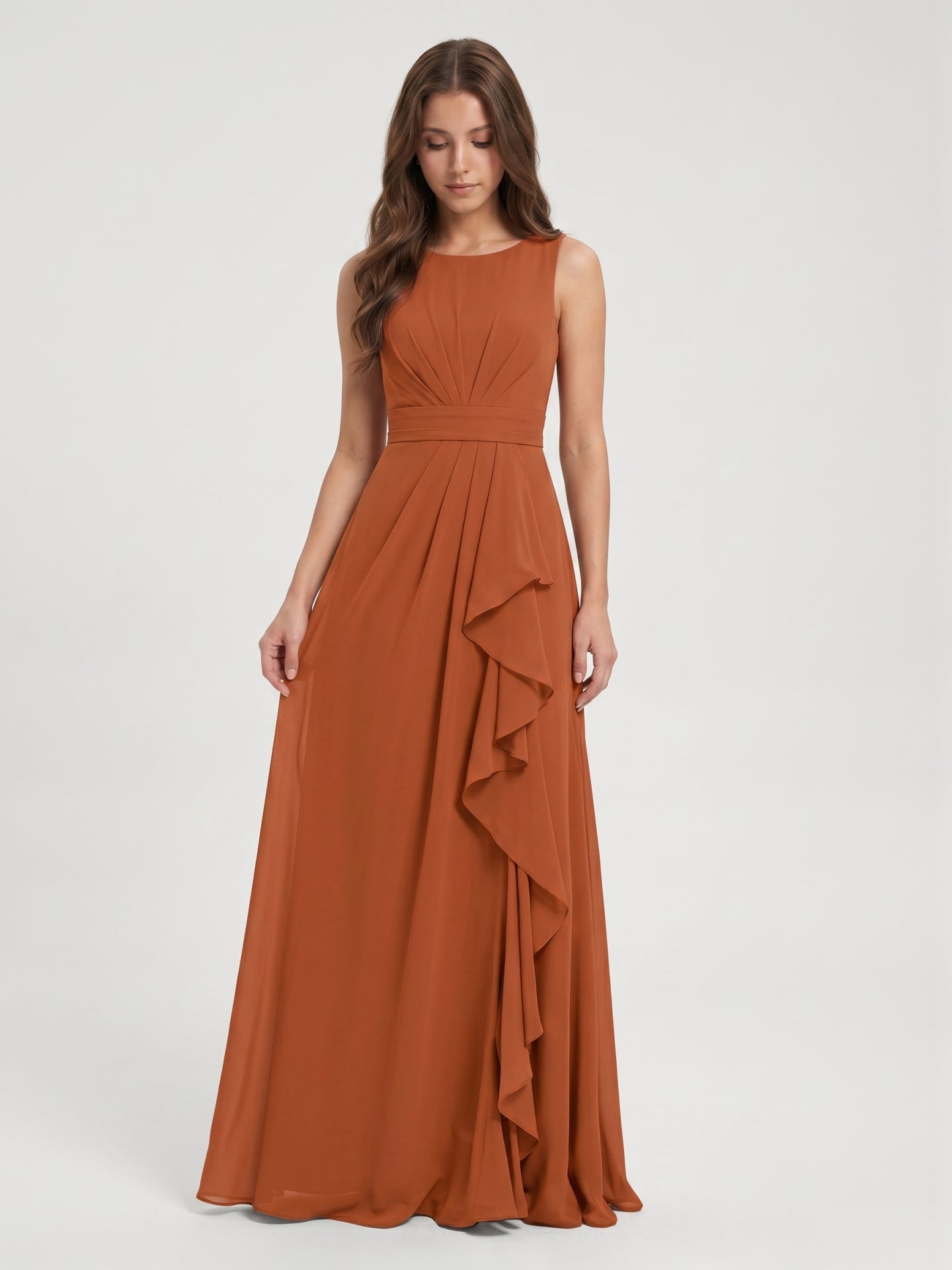 Cinnamon Chiffon A-Line Scoop Neck Floor-Length Bridesmaid Dress with Ruffled Details