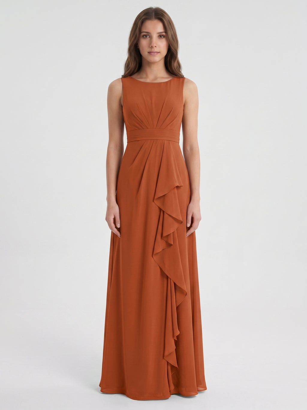 Cinnamon Chiffon A-Line Scoop Neck Floor-Length Bridesmaid Dress with Ruffled Details
