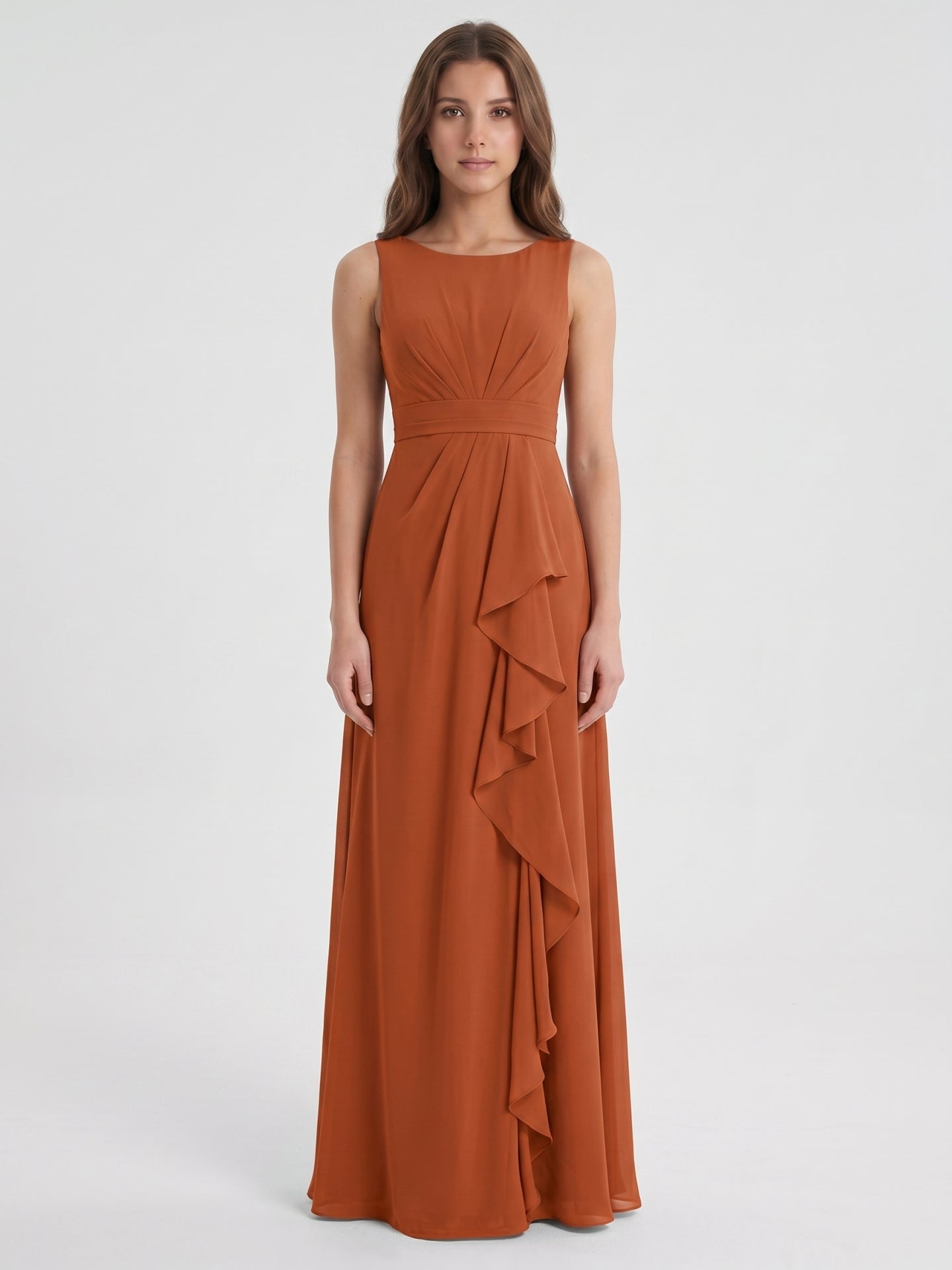 Cinnamon Chiffon A-Line Scoop Neck Floor-Length Bridesmaid Dress with Ruffled Details