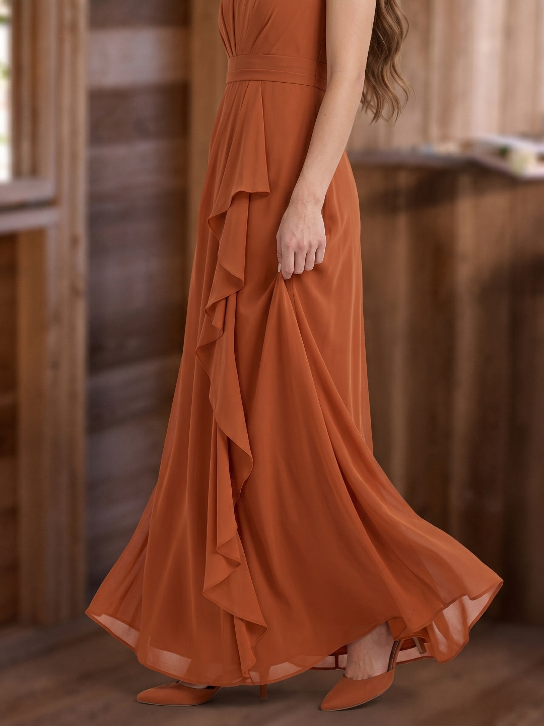 Cinnamon Chiffon A-Line Scoop Neck Floor-Length Bridesmaid Dress with Ruffled Details