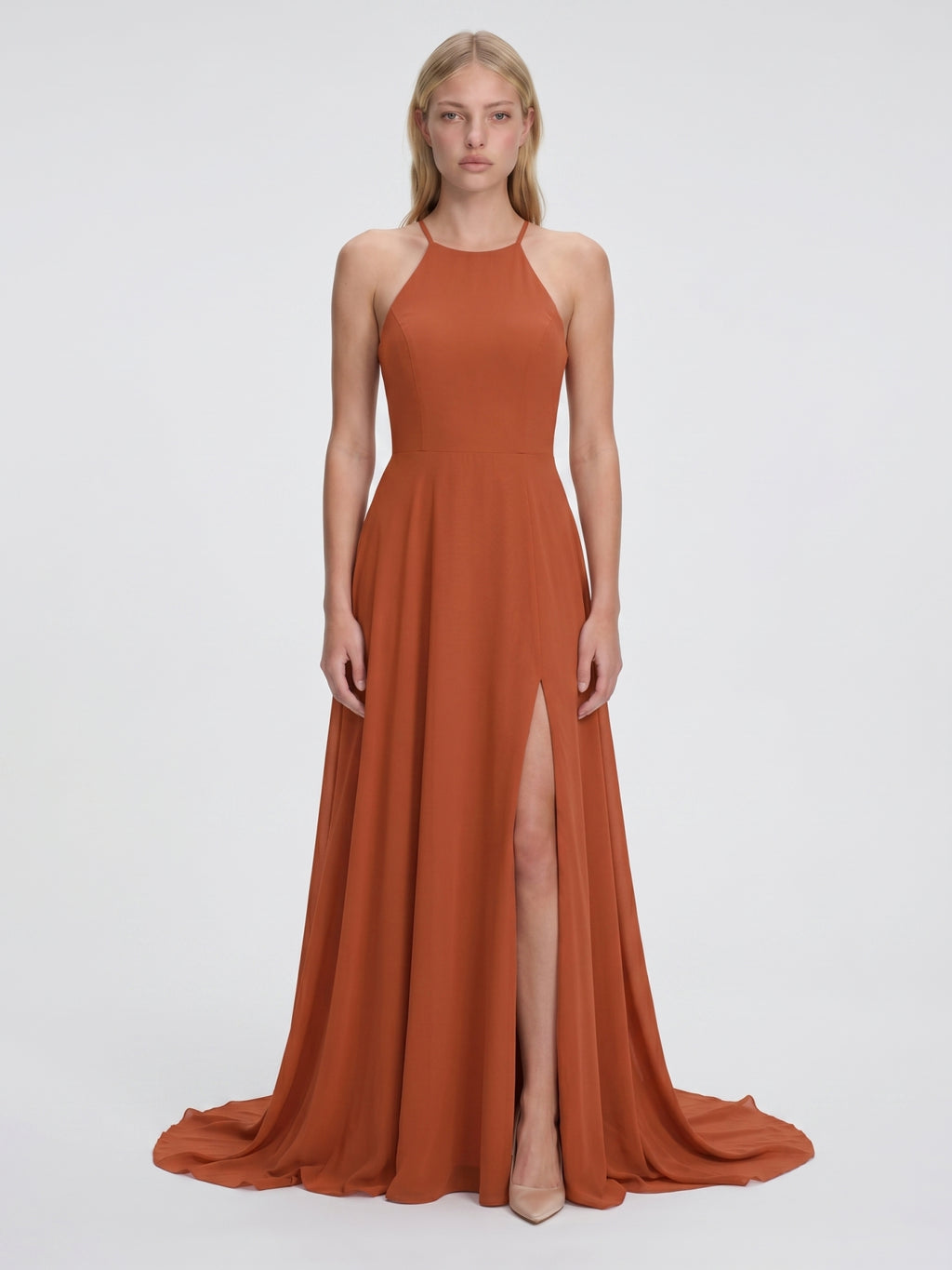 Cinnamon Chiffon A-Line Scoop Neck Illusion Floor-Length Bridesmaid Dress with Pleats