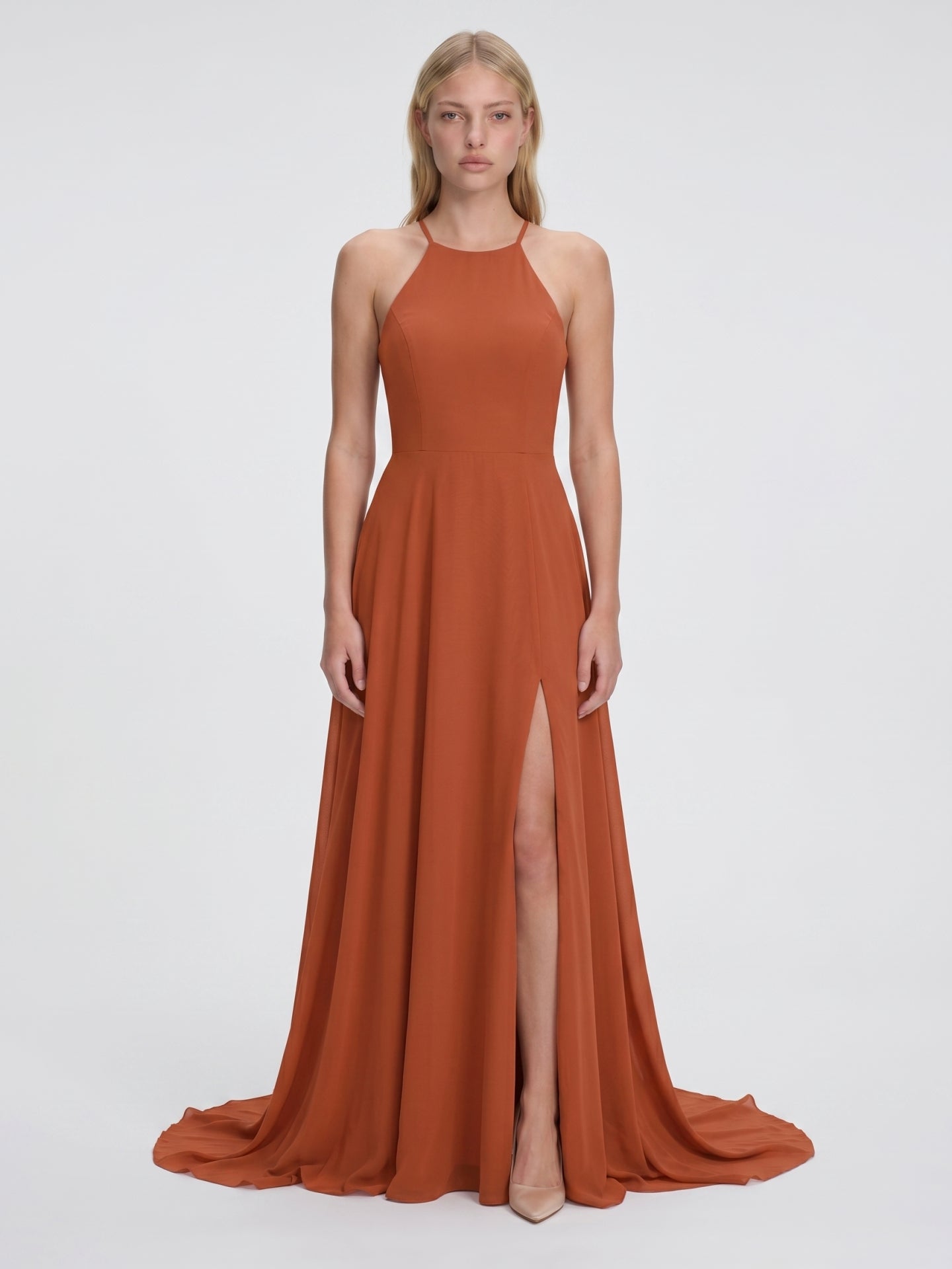 Cinnamon Chiffon A-Line Scoop Neck Illusion Floor-Length Bridesmaid Dress with Pleats