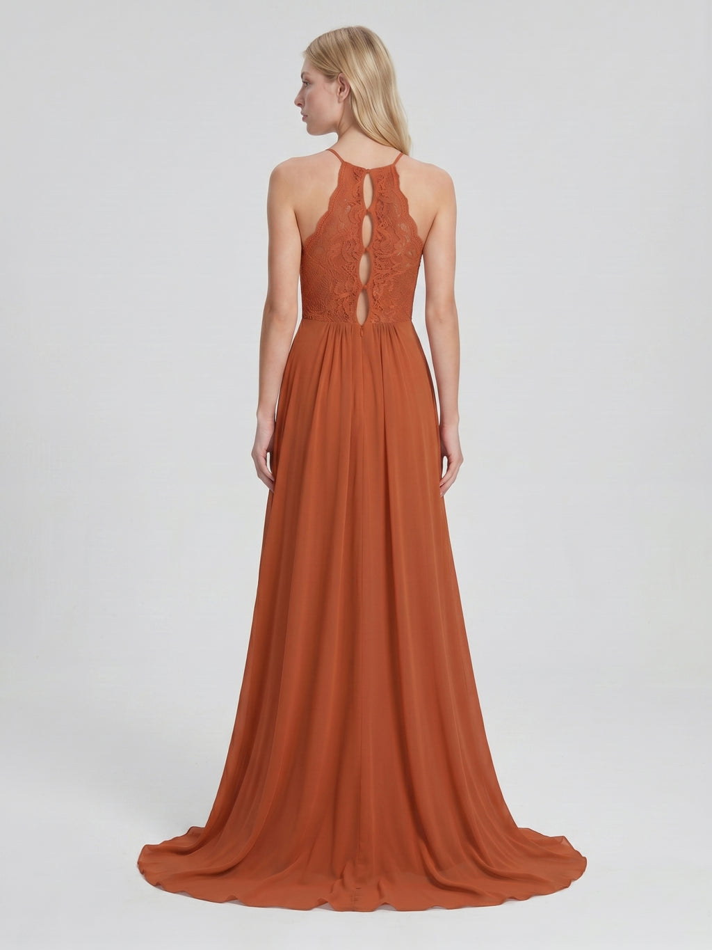 Cinnamon Chiffon A-Line Scoop Neck Illusion Floor-Length Bridesmaid Dress with Pleats