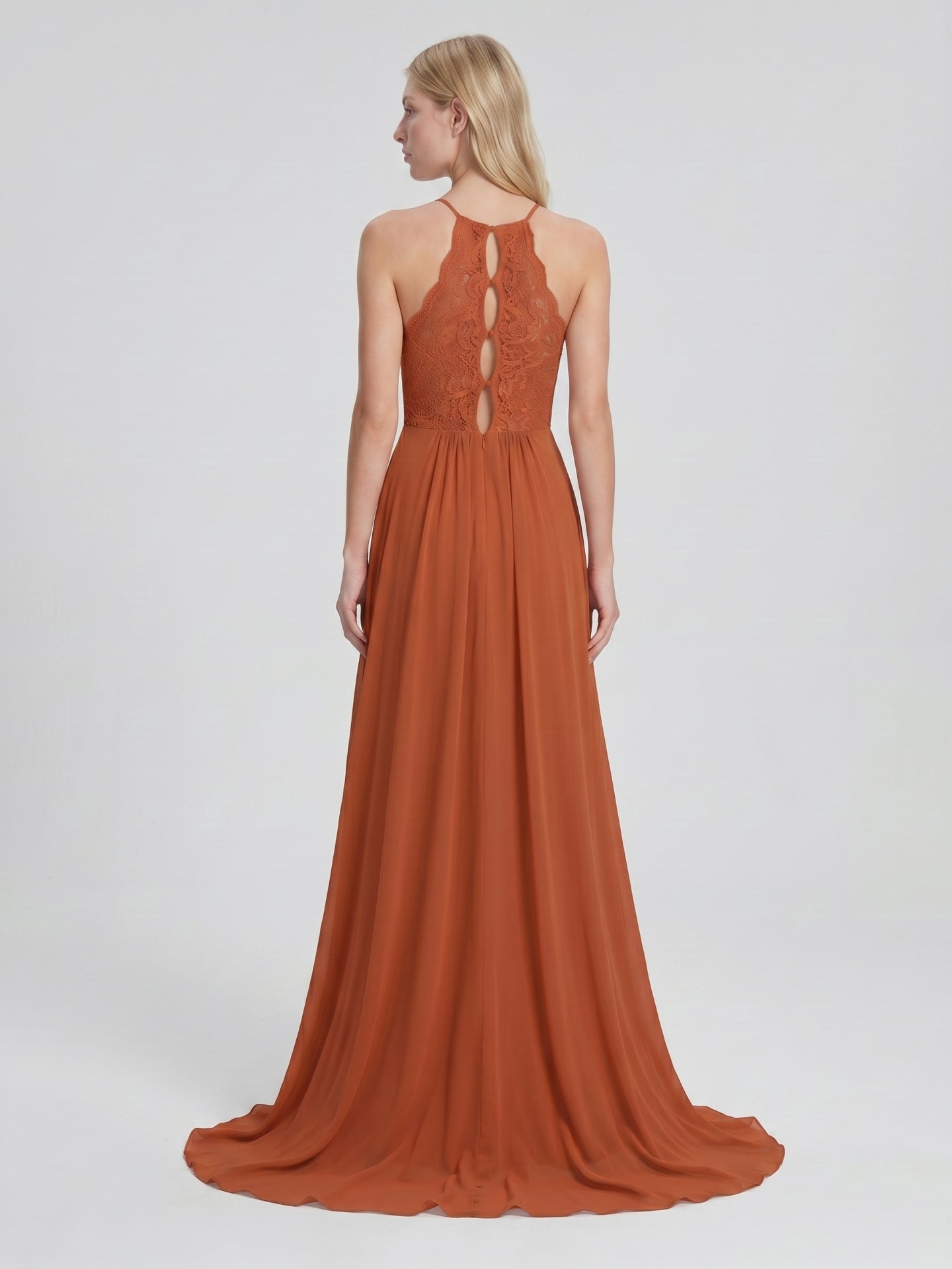 Cinnamon Chiffon A-Line Scoop Neck Illusion Floor-Length Bridesmaid Dress with Pleats