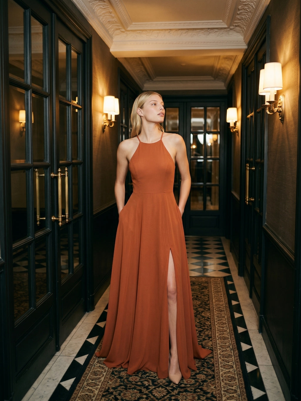 Cinnamon Chiffon A-Line Scoop Neck Illusion Floor-Length Bridesmaid Dress with Pleats