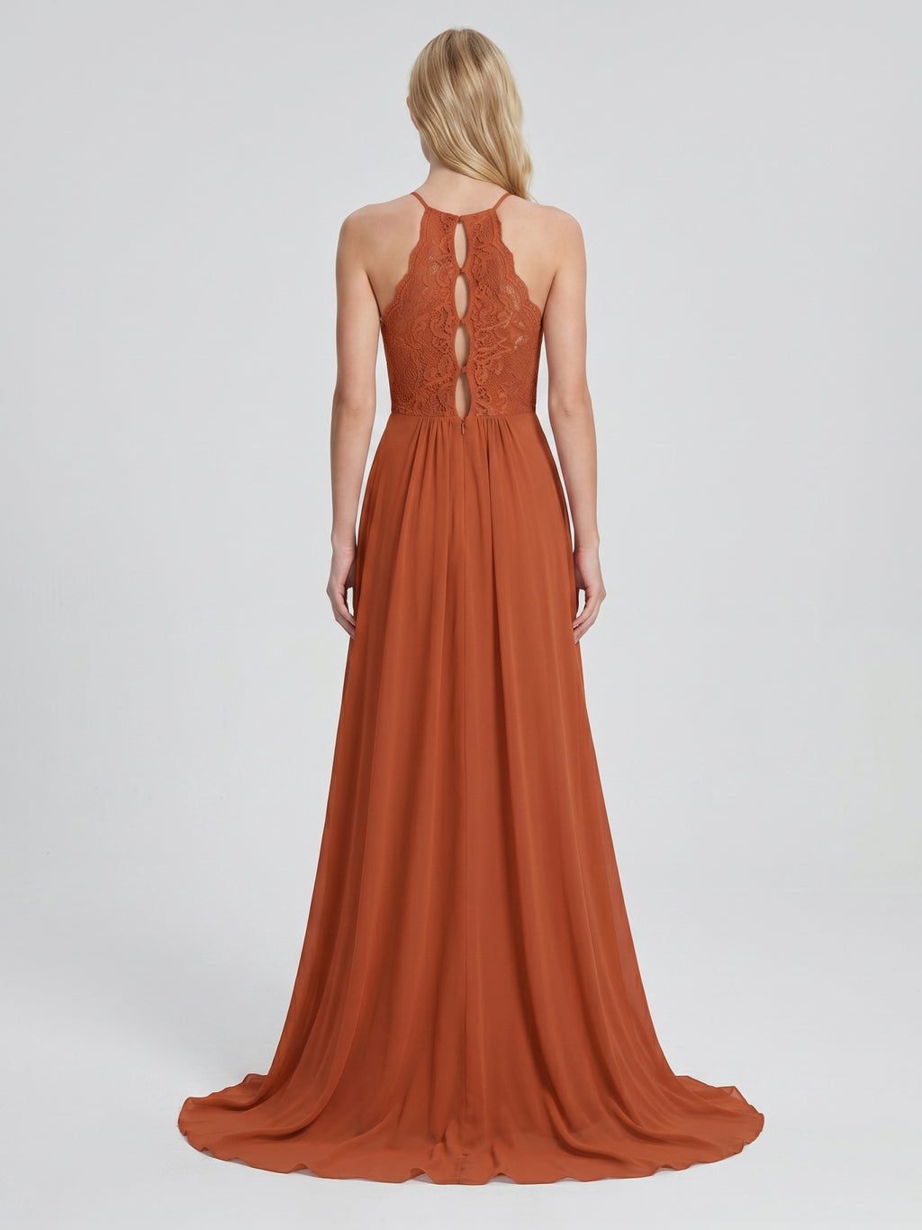 Cinnamon Chiffon A-Line Scoop Neck Illusion Floor-Length Bridesmaid Dress with Pleats