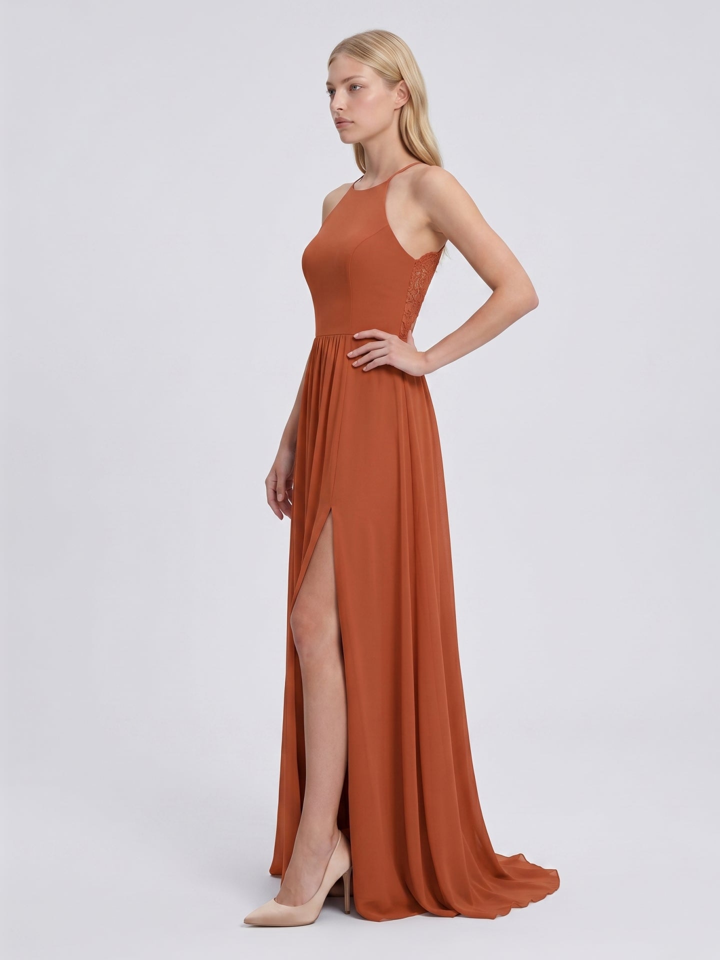 Cinnamon Chiffon A-Line Scoop Neck Illusion Floor-Length Bridesmaid Dress with Pleats