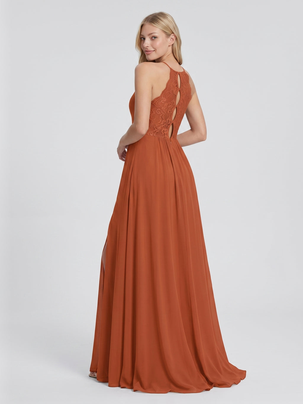 Cinnamon Chiffon A-Line Scoop Neck Illusion Floor-Length Bridesmaid Dress with Pleats