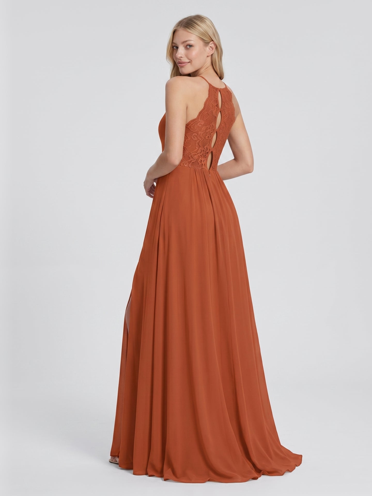 Cinnamon Chiffon A-Line Scoop Neck Illusion Floor-Length Bridesmaid Dress with Pleats