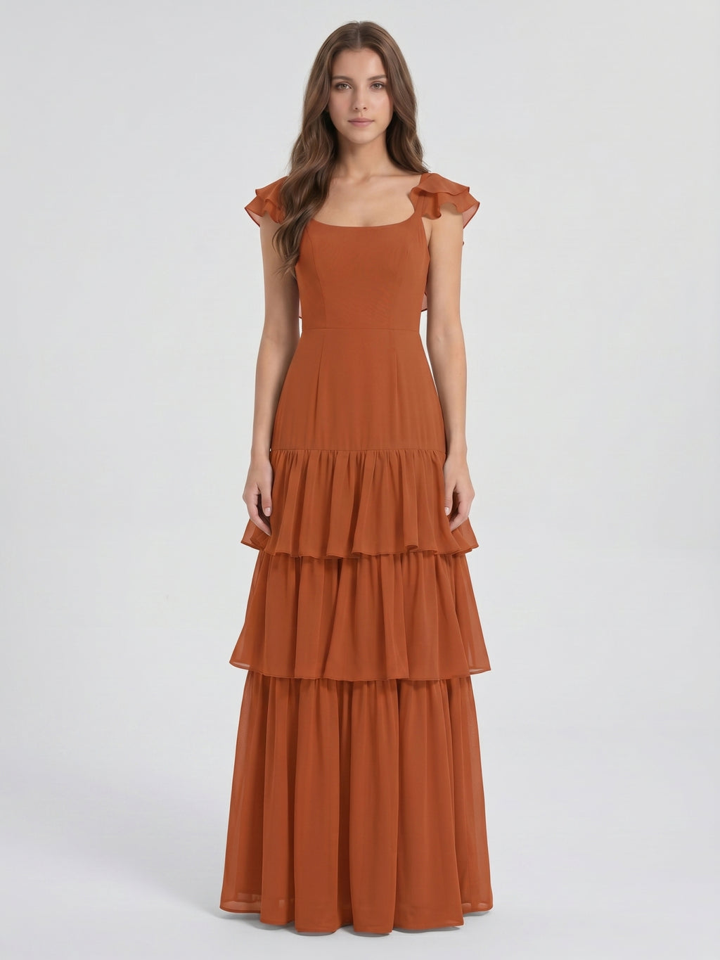 Cinnamon Chiffon A-Line Scoop Neck Lace-Up Ankle Bridesmaid Dress with Cascading Ruffles