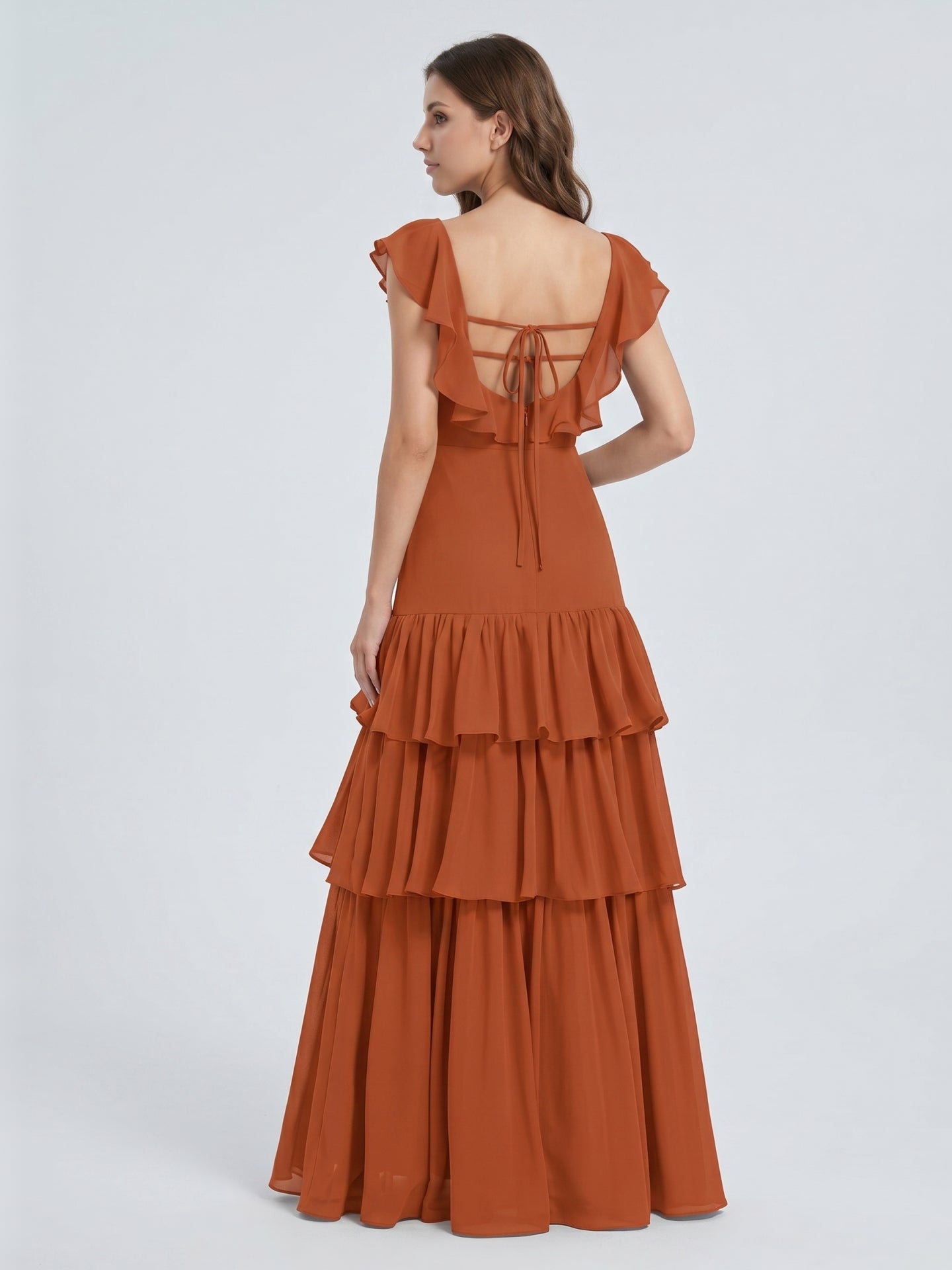 Cinnamon Chiffon A-Line Scoop Neck Lace-Up Ankle Bridesmaid Dress with Cascading Ruffles