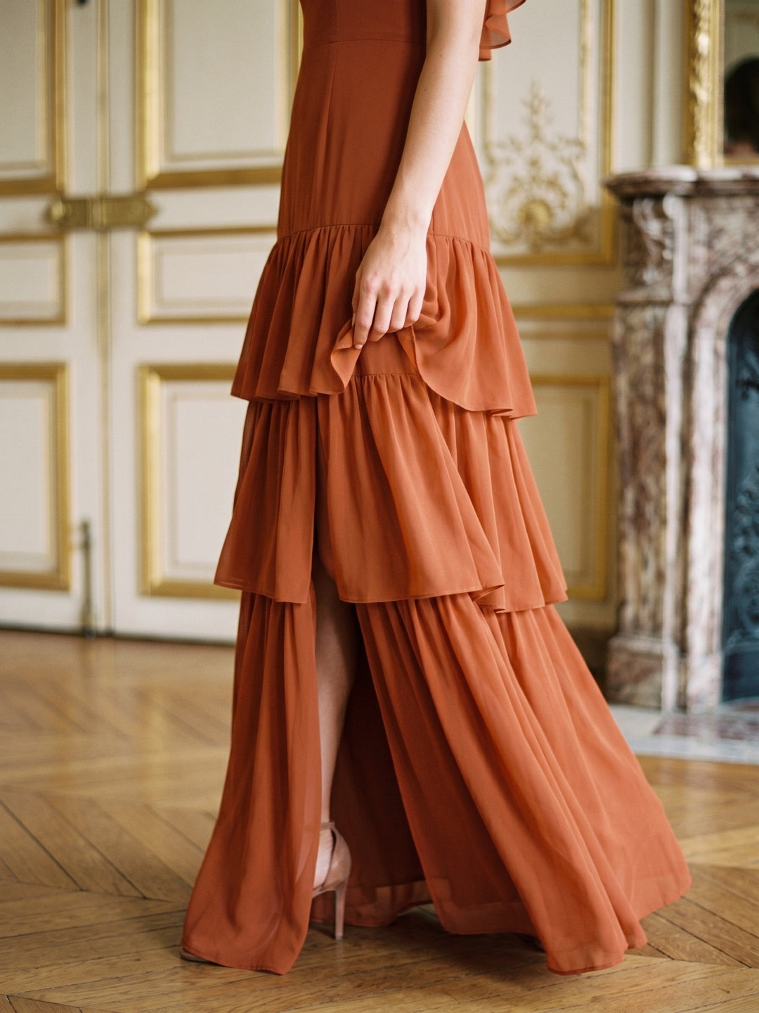 Cinnamon Chiffon A-Line Scoop Neck Lace-Up Ankle Bridesmaid Dress with Cascading Ruffles
