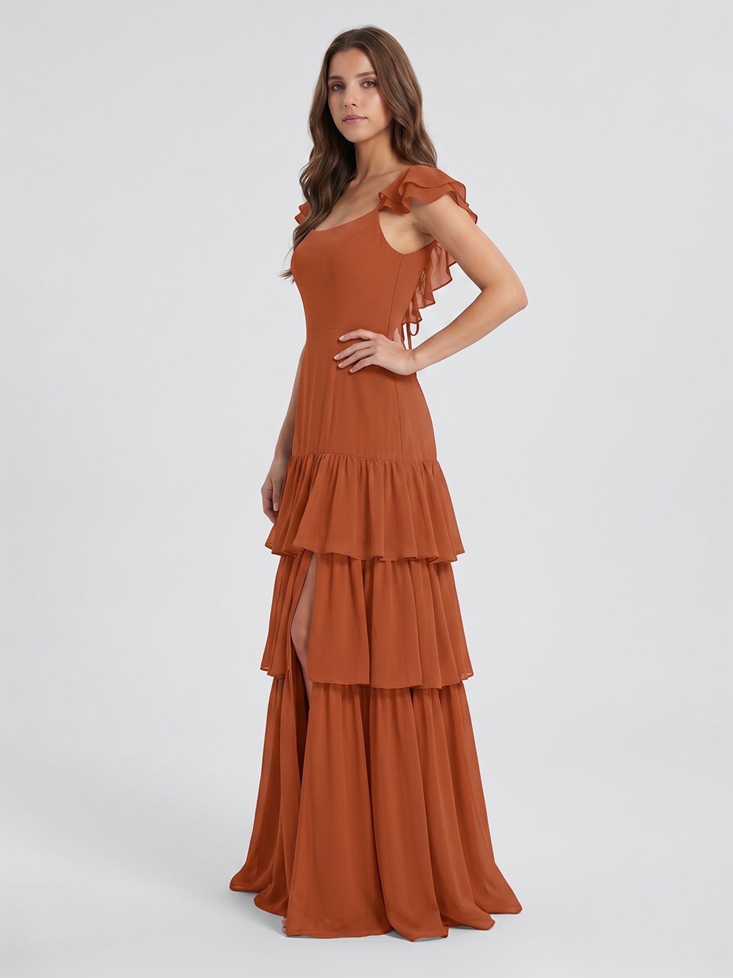 Cinnamon Chiffon A-Line Scoop Neck Lace-Up Ankle Bridesmaid Dress with Cascading Ruffles